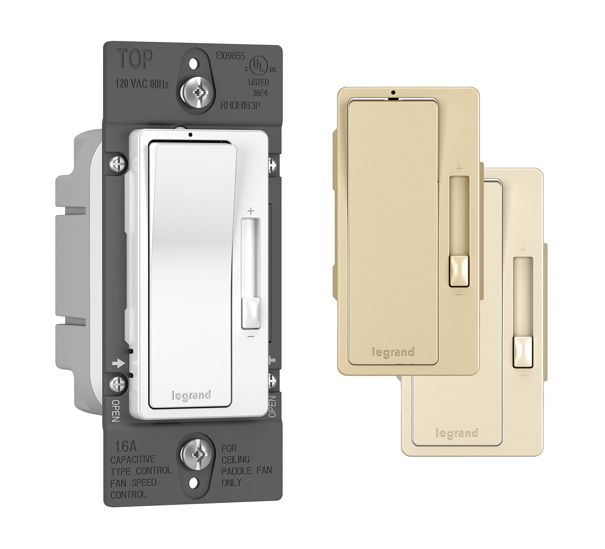 Legrand RHDH163PTCCCV6 1.6A 3-Speed Decorator Rocker Fan Control Switch with Locator Light - Single Pole/3-Way, White/Light Almond/Ivory (1 Pack) - Perfect for Bedroom, Living Room & Office Ceiling Fan Control