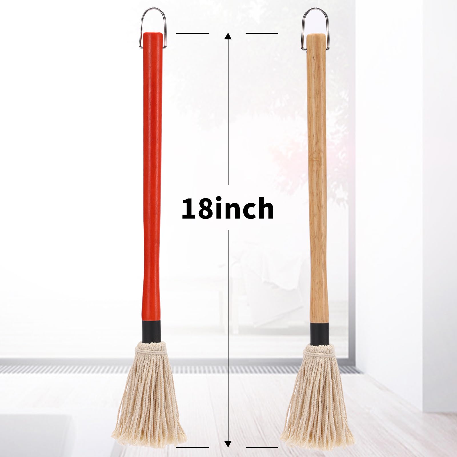 2 Pack 18 Inch BBQ Basting Mop with Wooden Handle - Extra Replacement Brushes Included for Grilling, Smoking Steak & Meat - Perfect for Outdoor Cooking, Backyard BBQ & Camping (Natural Wood & Brown)