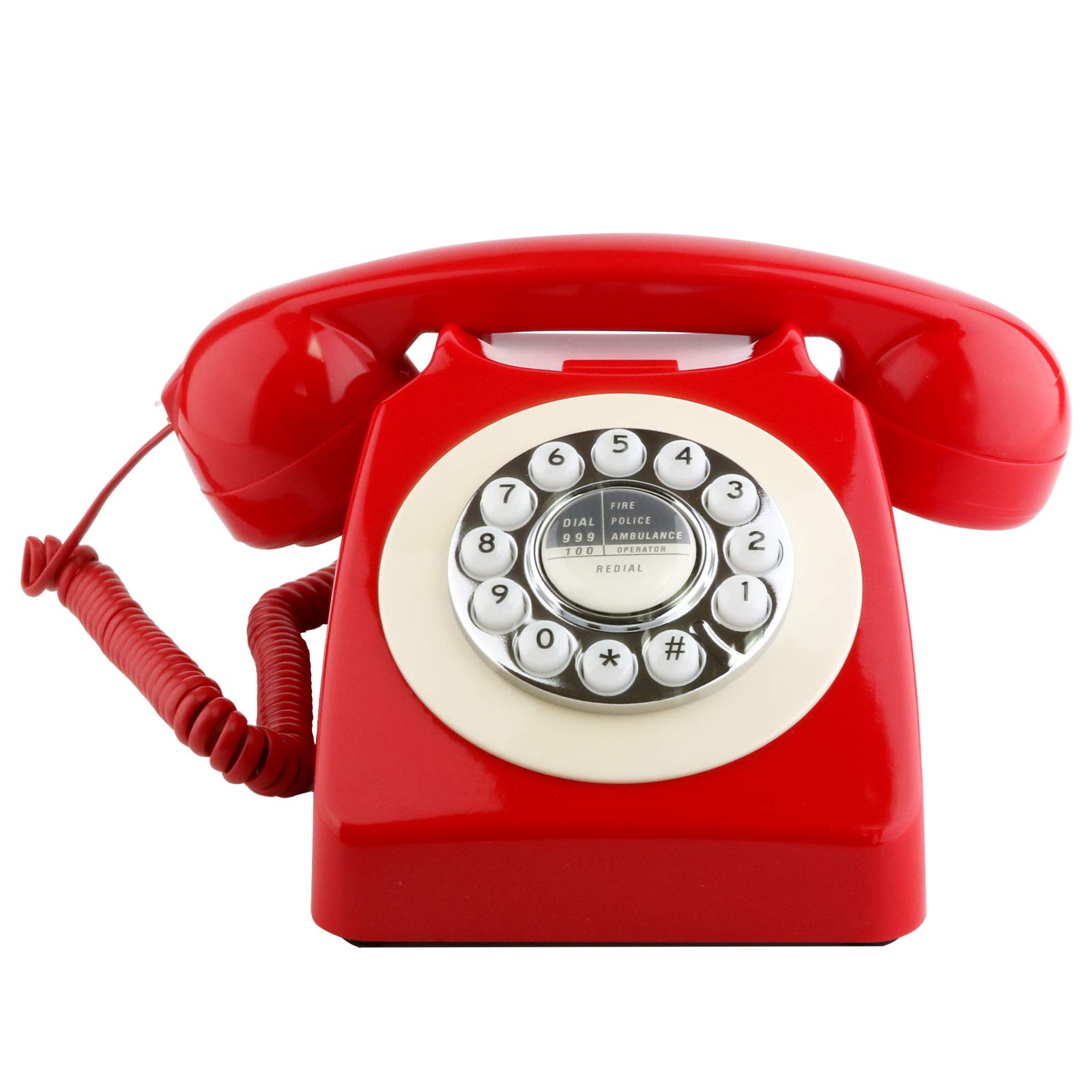 Vintage Retro Landline Telephone - Classic Corded Desk Phone with Redial Function, Rotary Dial & Push Button | Perfect for Home, Office & Vintage Decor (Red)