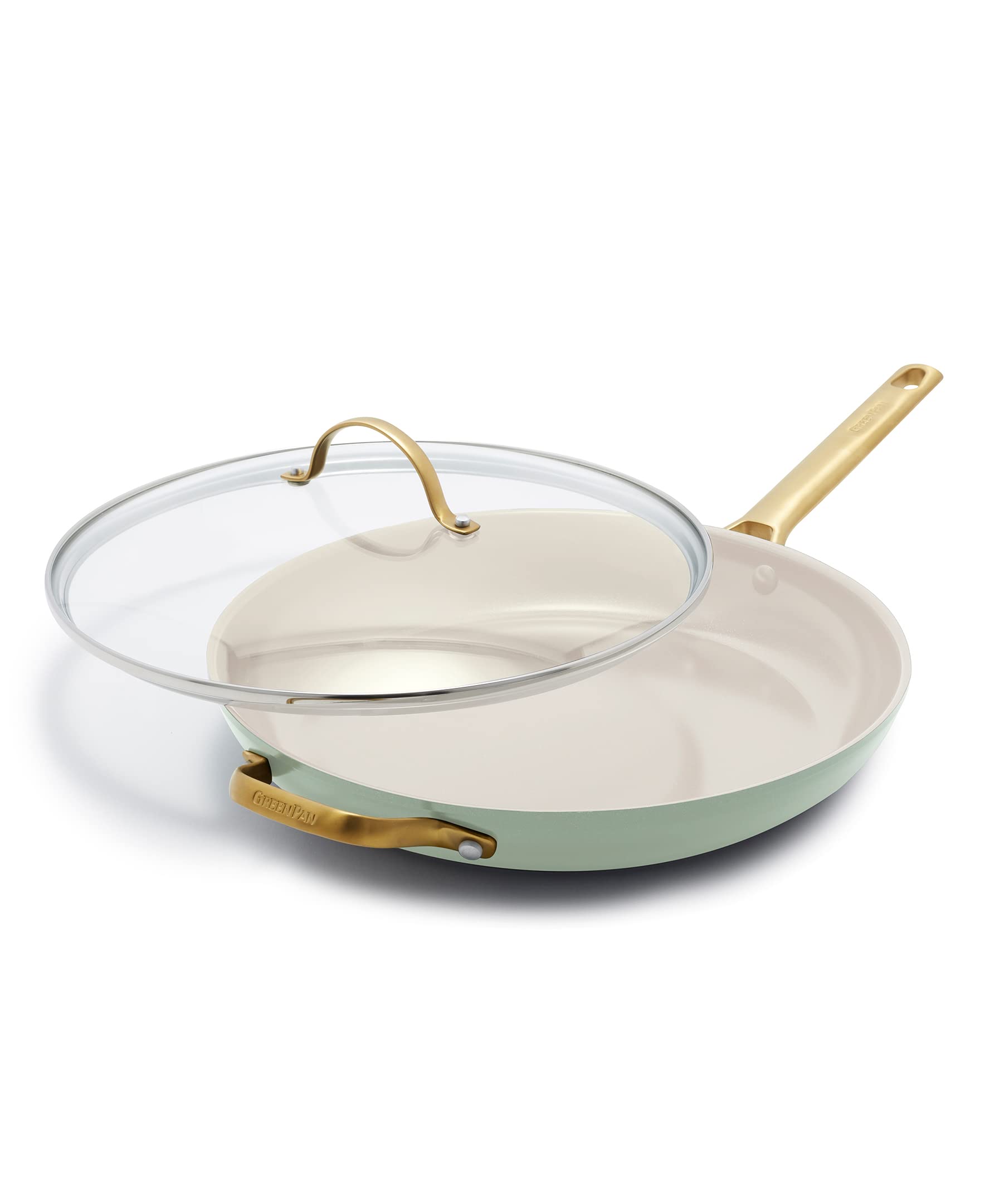 GreenPan Reserve Hard Anodized Healthy Ceramic Nonstick 12-Inch Frying Pan Skillet - PFAS-Free, Dishwasher & Oven Safe (450°F), Gold Handle with Helper Handle & Lid - Perfect for Sautéing, Frying, and Cooking Healthy Meals in Julep Green
