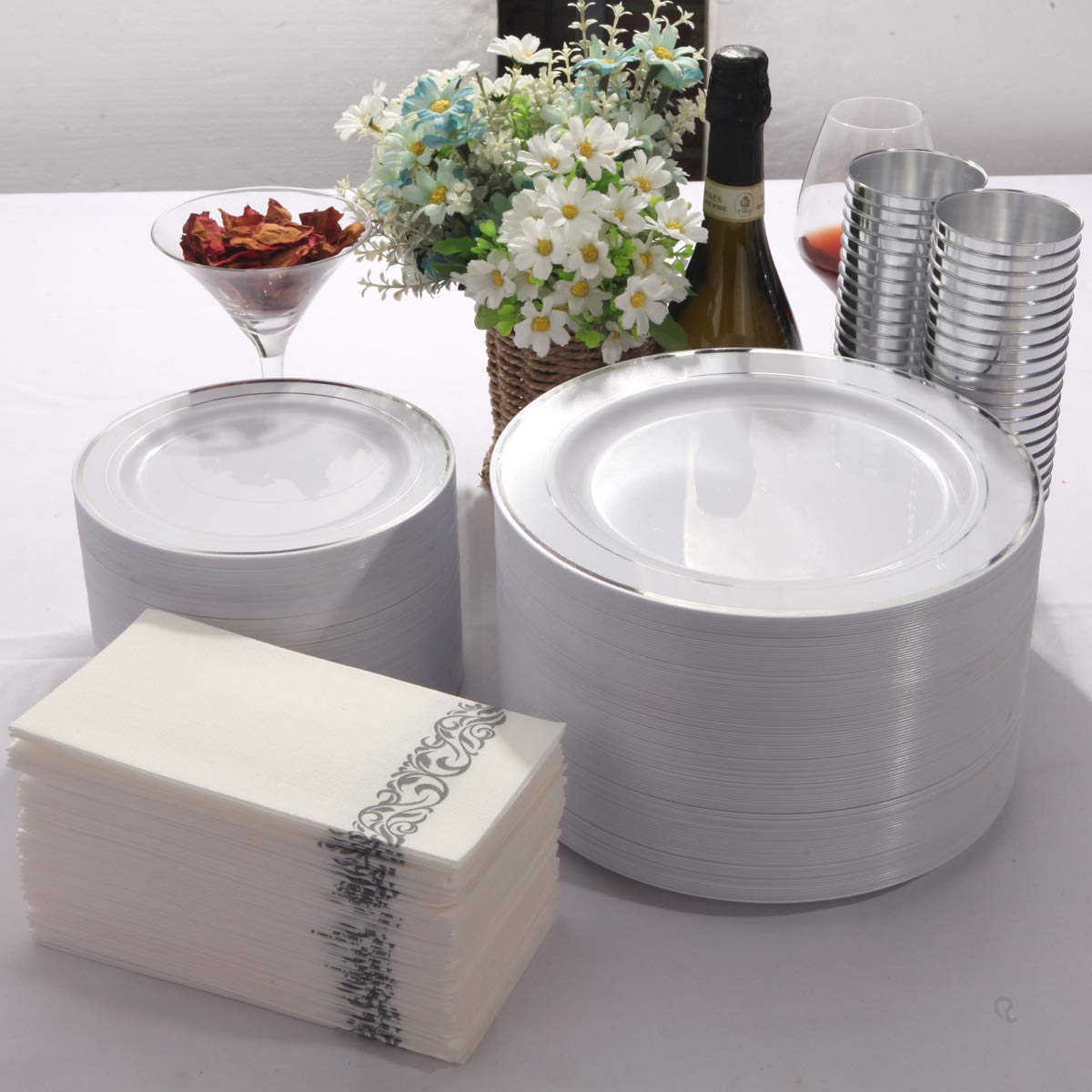 700-Piece Silver Disposable Dinnerware Set for 100 Guests - Includes 100 Dinner Plates, 100 Dessert Plates, 100 10oz Cups, 100 Napkins & 100 Plastic Cutlery Sets | Perfect for Weddings, Parties, Catering & Large Events