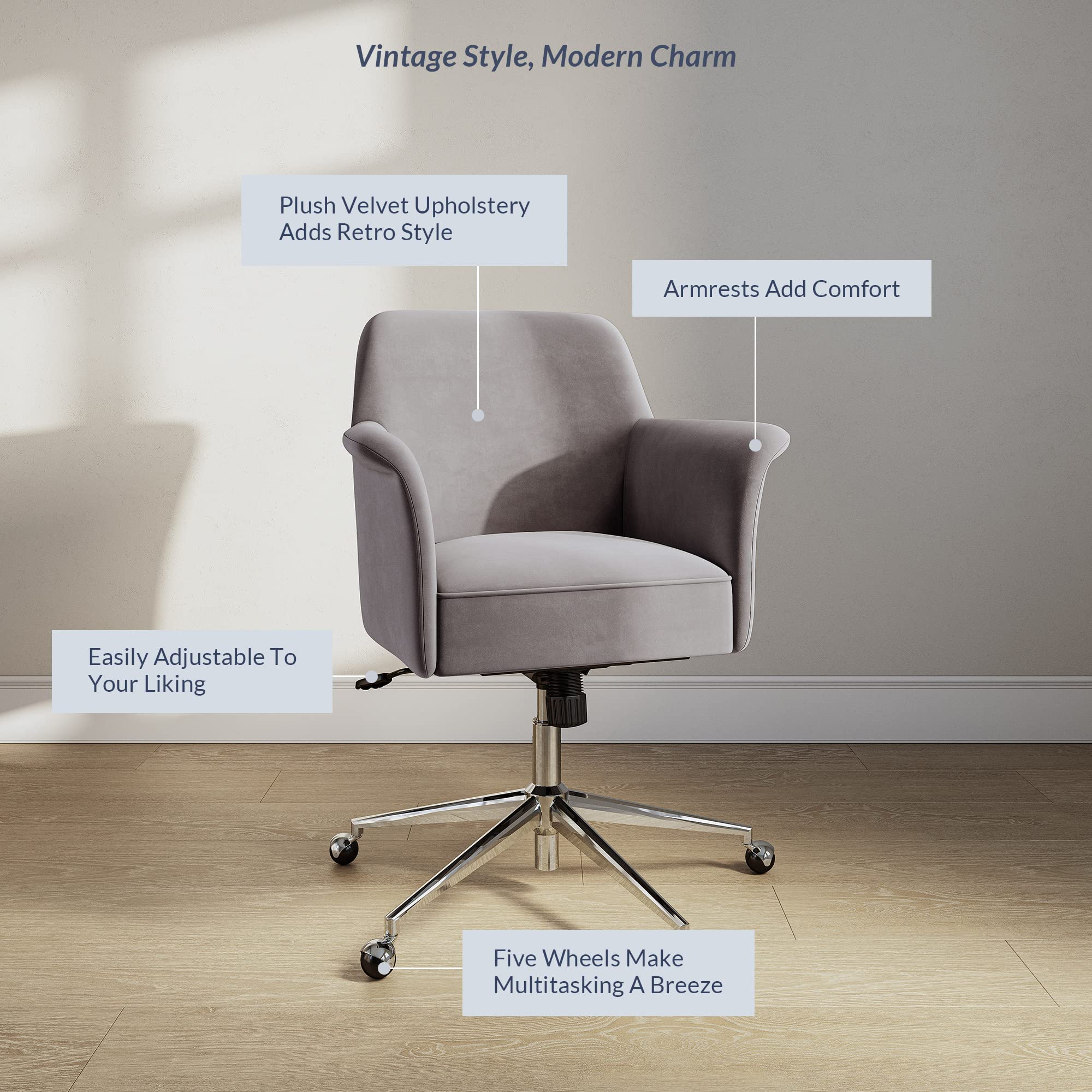BELLEZE Modern Velvet Office Chair with 360 Swivel & Adjustable Arms - Ergonomic Rolling Desk Chair with Metal Base for Home Office, Study, Bedroom & Vanity - Comfortable Computer Chair for Work & Relaxation (Gray)