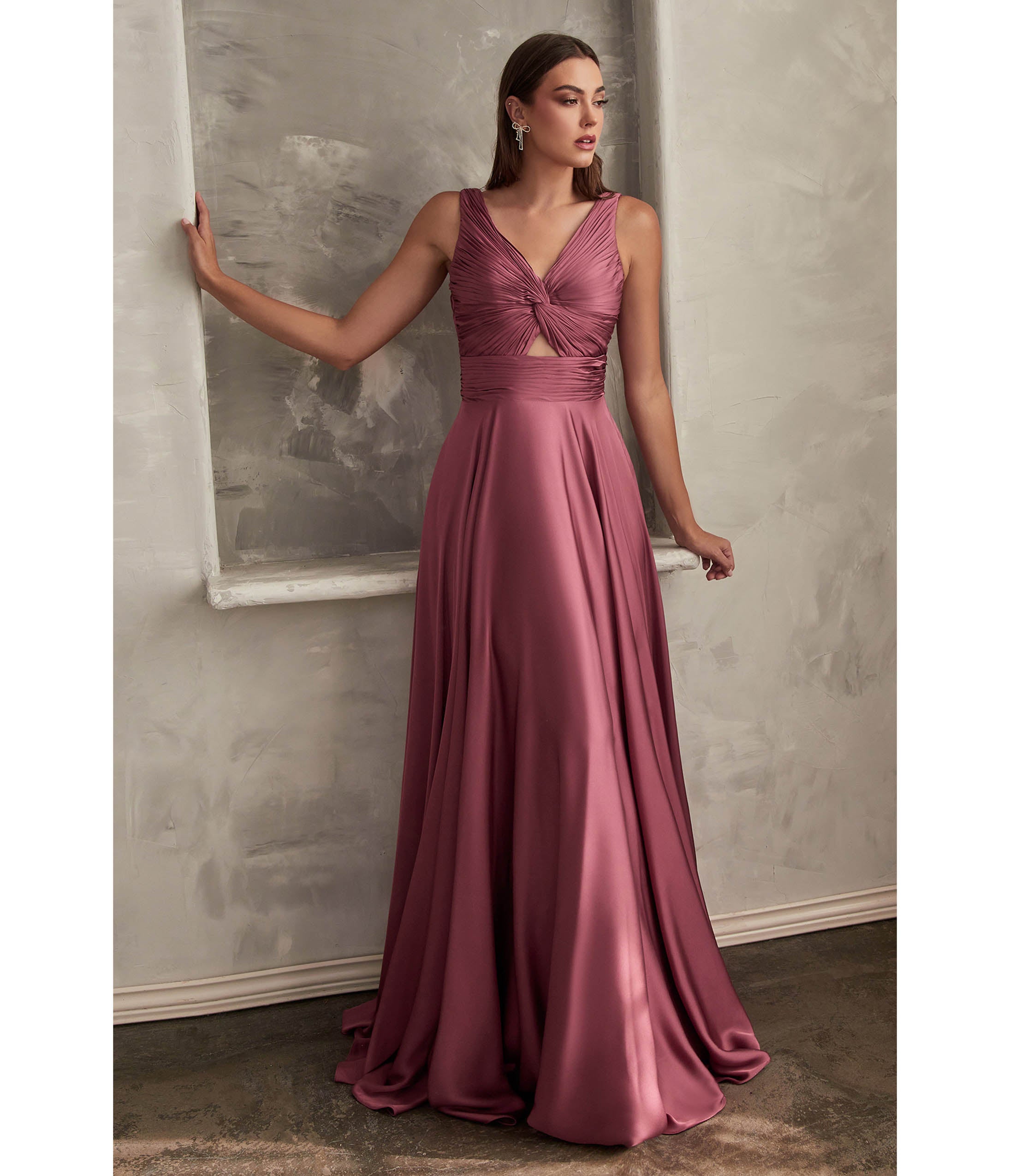 Ladivine by Cinderella Divine Mauve Rose Satin Ruched Knotted Keyhole Evening Gown - Elegant Formal Dress for Prom, Wedding, Cocktail Party & Special Occasions