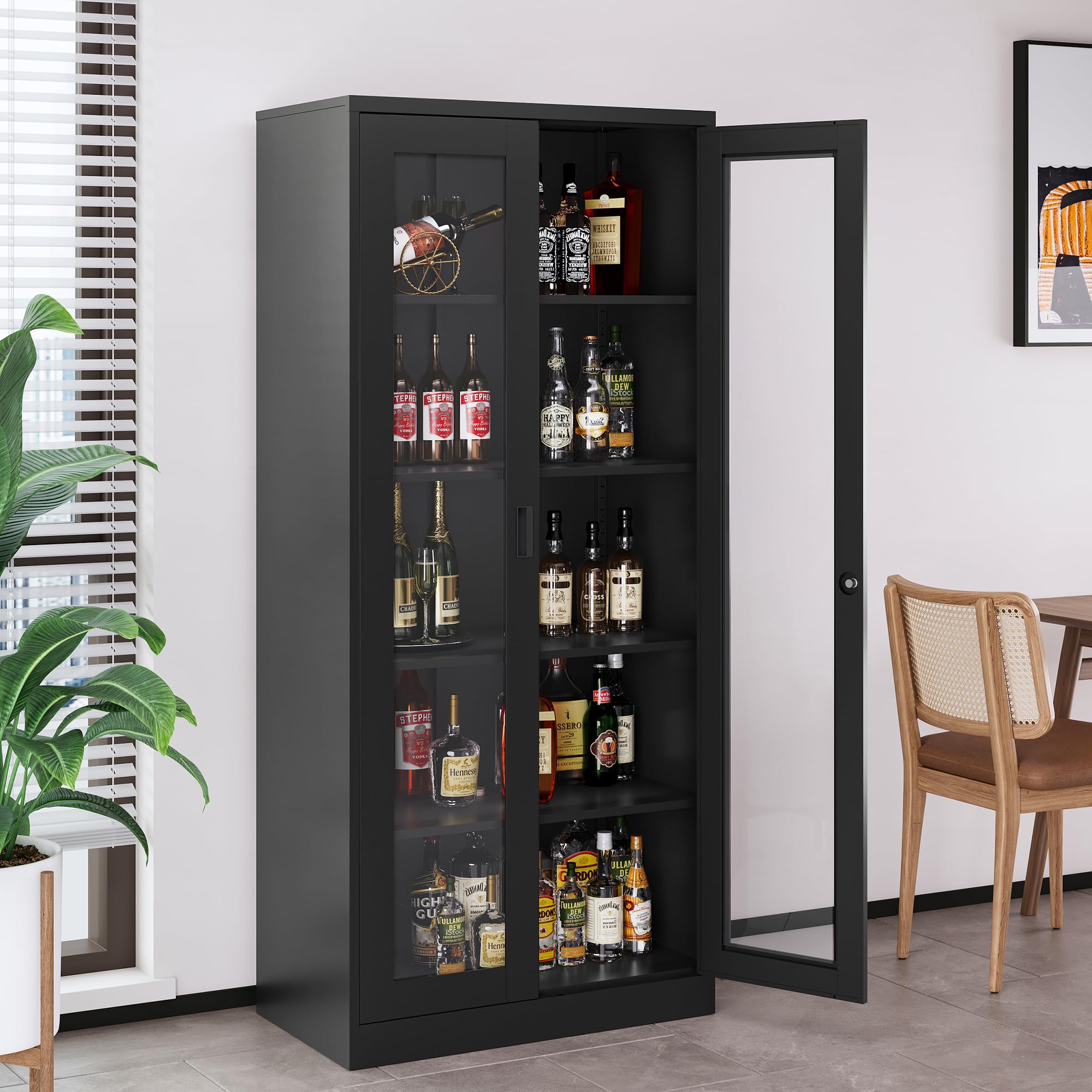 5-Tier Tall Bookcase Storage Cabinet with Tempered Glass Door & 4 Adjustable Shelves - Metal Display Curio Cabinet for Liquor, Books & Collectibles - Perfect for Home, Study, Living Room & Office Decor (Black)