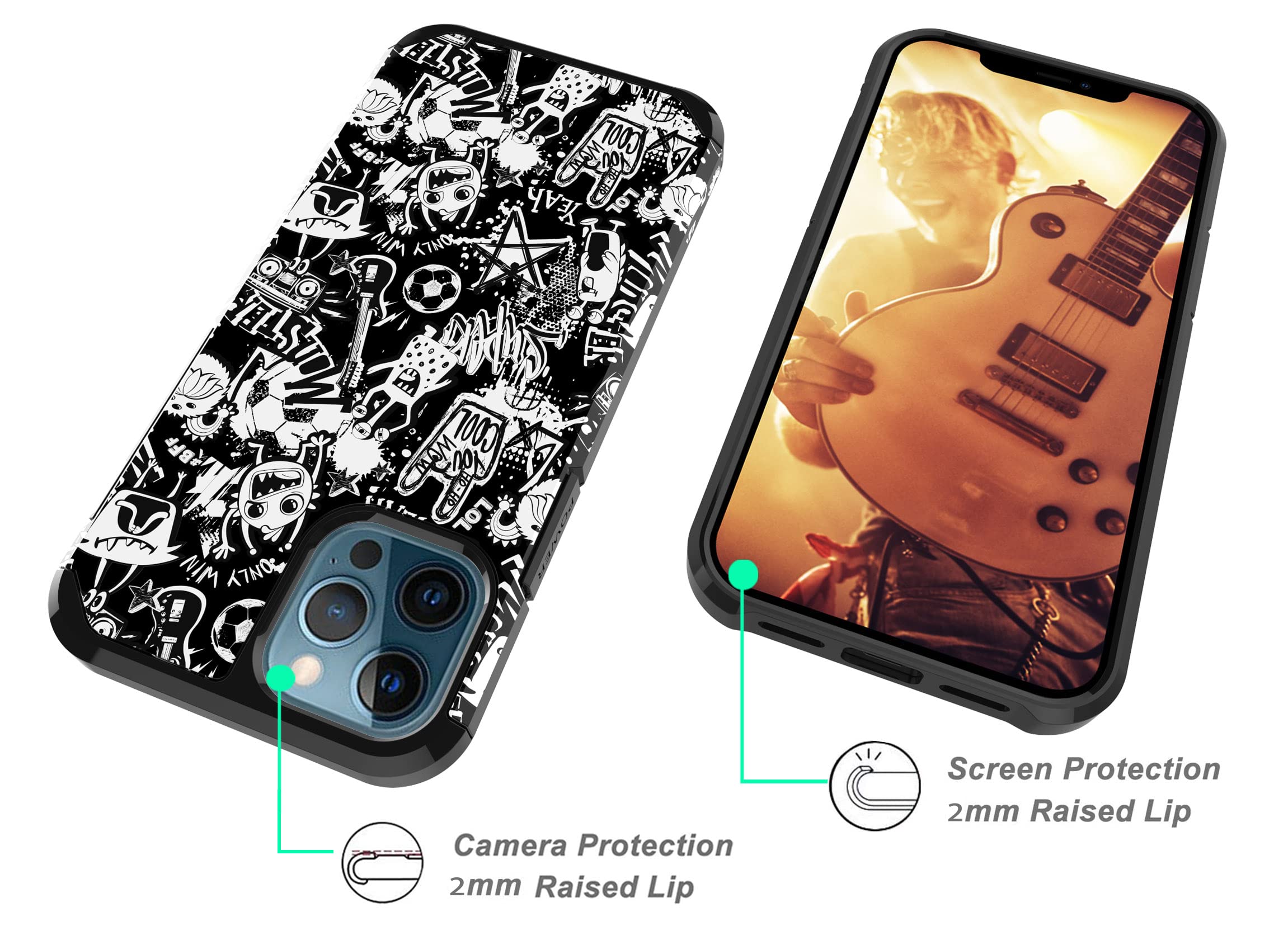 iPhone 12 Pro Max Case - Heavy Duty Dual Layer Protective Cover with Graffiti Design | Shockproof, Anti-Scratch & Stylish Bumper Phone Case (Black) - Perfect for Outdoor Activities, Travel & Daily Protection