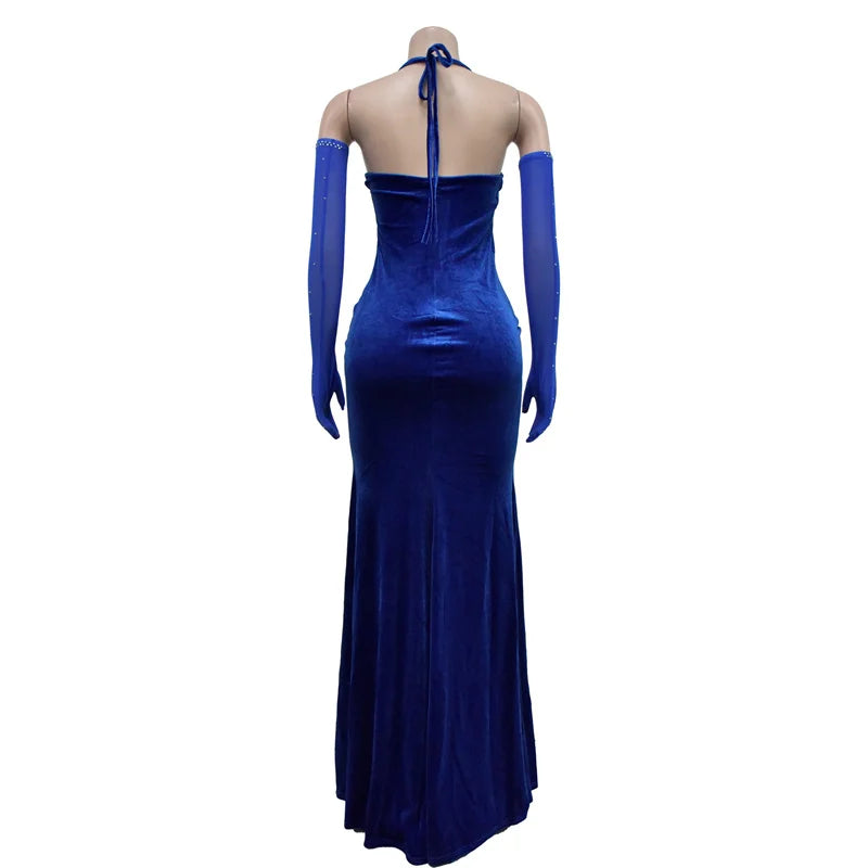 Elegant Rhinestone Fishbone Mesh Velvet Maxi Dress for Women - Halter Lace Up Sexy Long Party Gown with Front Split & Gloves | Perfect for Evening Events, Prom, Wedding Guest & Special Occasions