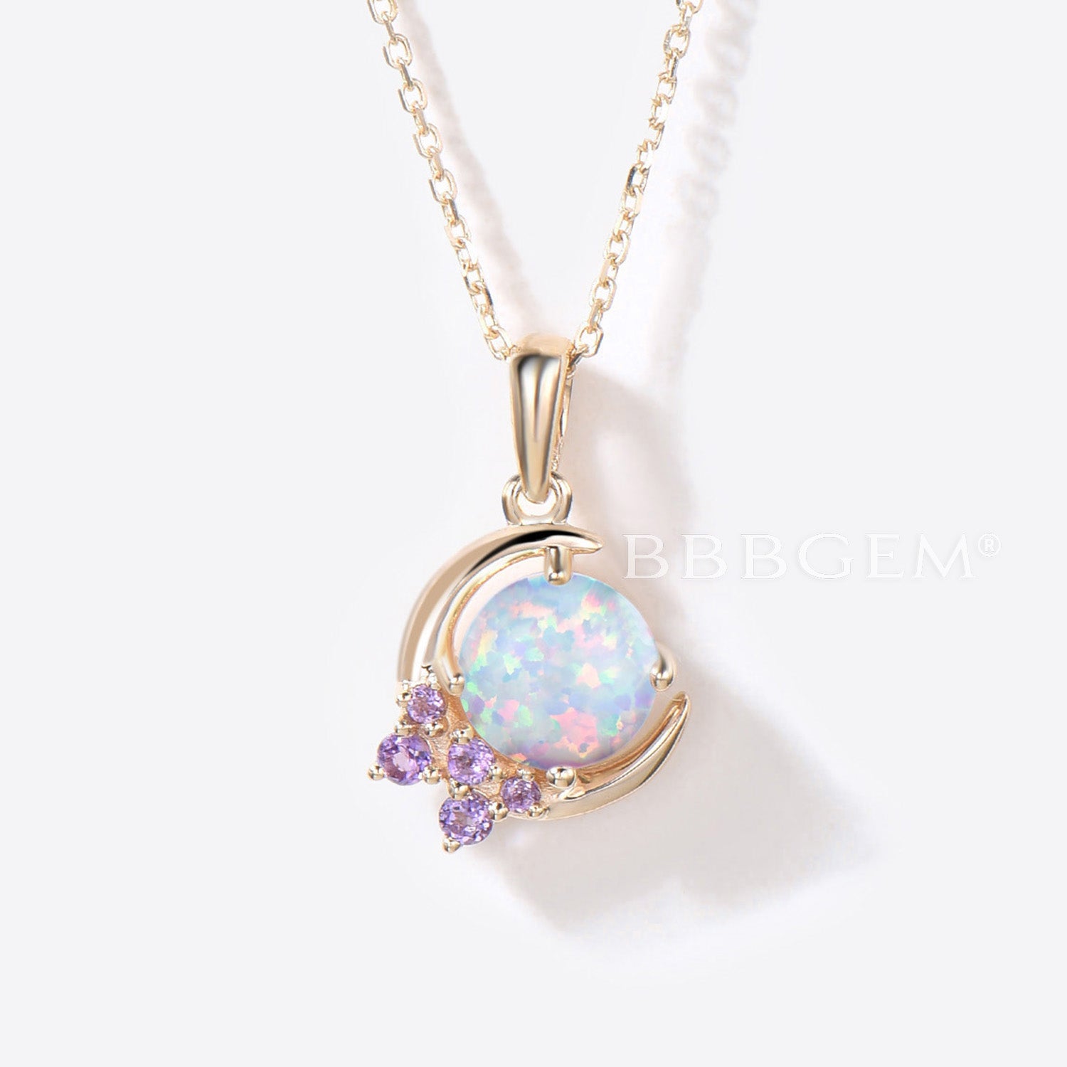 5mm Round White Opal Pendant Necklace with Cluster Amethyst - Vintage October Birthstone Jewelry for Women - Half Moon Opal Chain Necklace for Wedding, Anniversary & Special Occasions