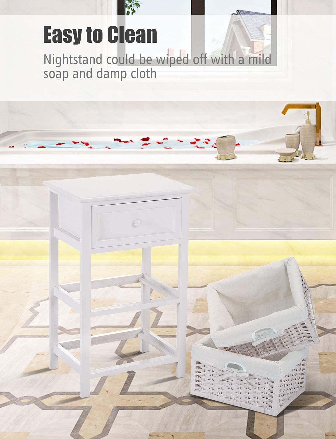 2-Tier Wooden Nightstand Set of 2 with Drawer & Storage Baskets - White Bedside Table for Small Spaces, Bedroom, Living Room | Compact End Table for Apartment, Dorm, Guest Room