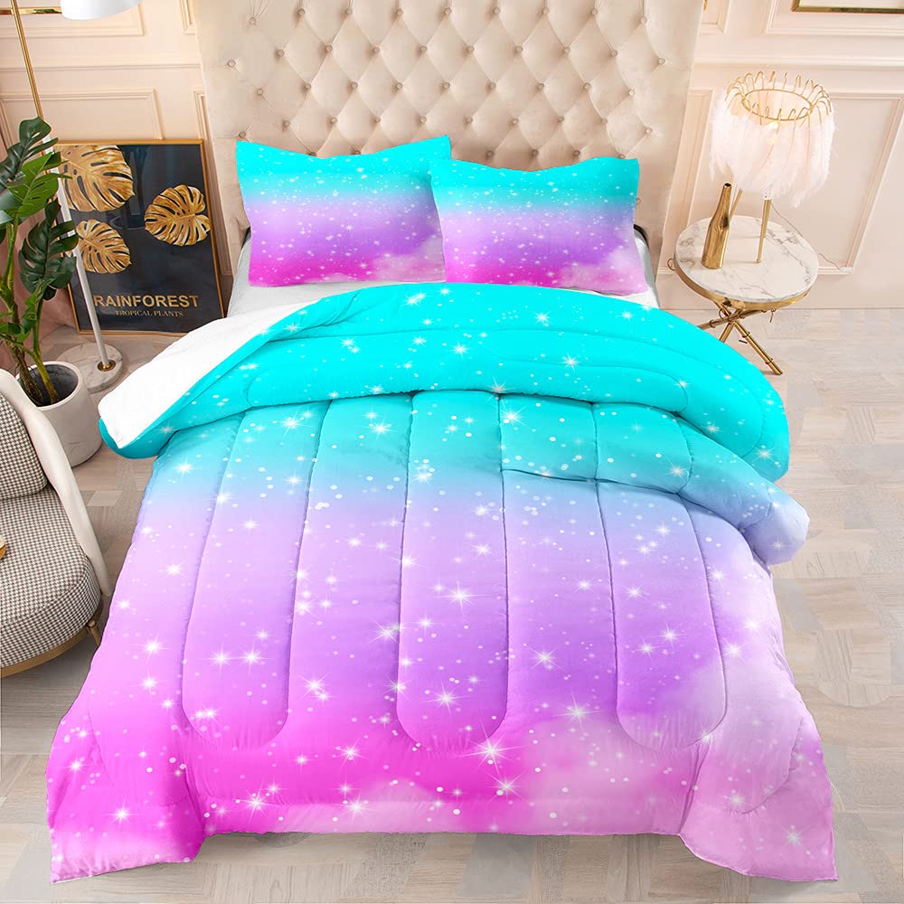 **YEARGER Galaxy Rainbow Comforter Set for Girls - Lightweight Microfiber Colorful Twin Bedding Set with 2 Pillow Shams, Soft & Machine Washable (172x218cm) - Perfect for Kids' Bedrooms, Sleepovers & Cozy Nights**