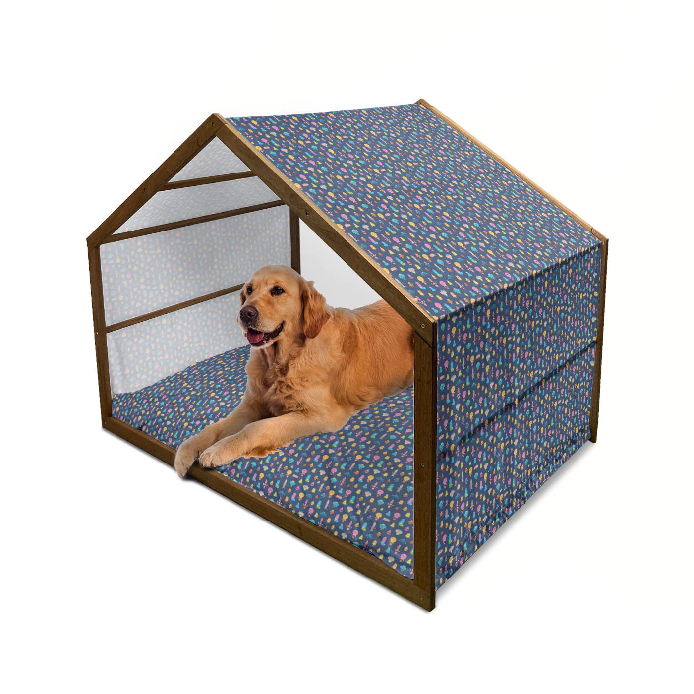 Ambesonne Cartoon Wooden Dog House - Abstract Style Bubble Heads & Strawberry Faces Shower Theme - Indoor & Outdoor Portable Pet Kennel with Pillow & Cover - 2X-Large Multicolor - Perfect for Backyard, Patio, or Travel Use