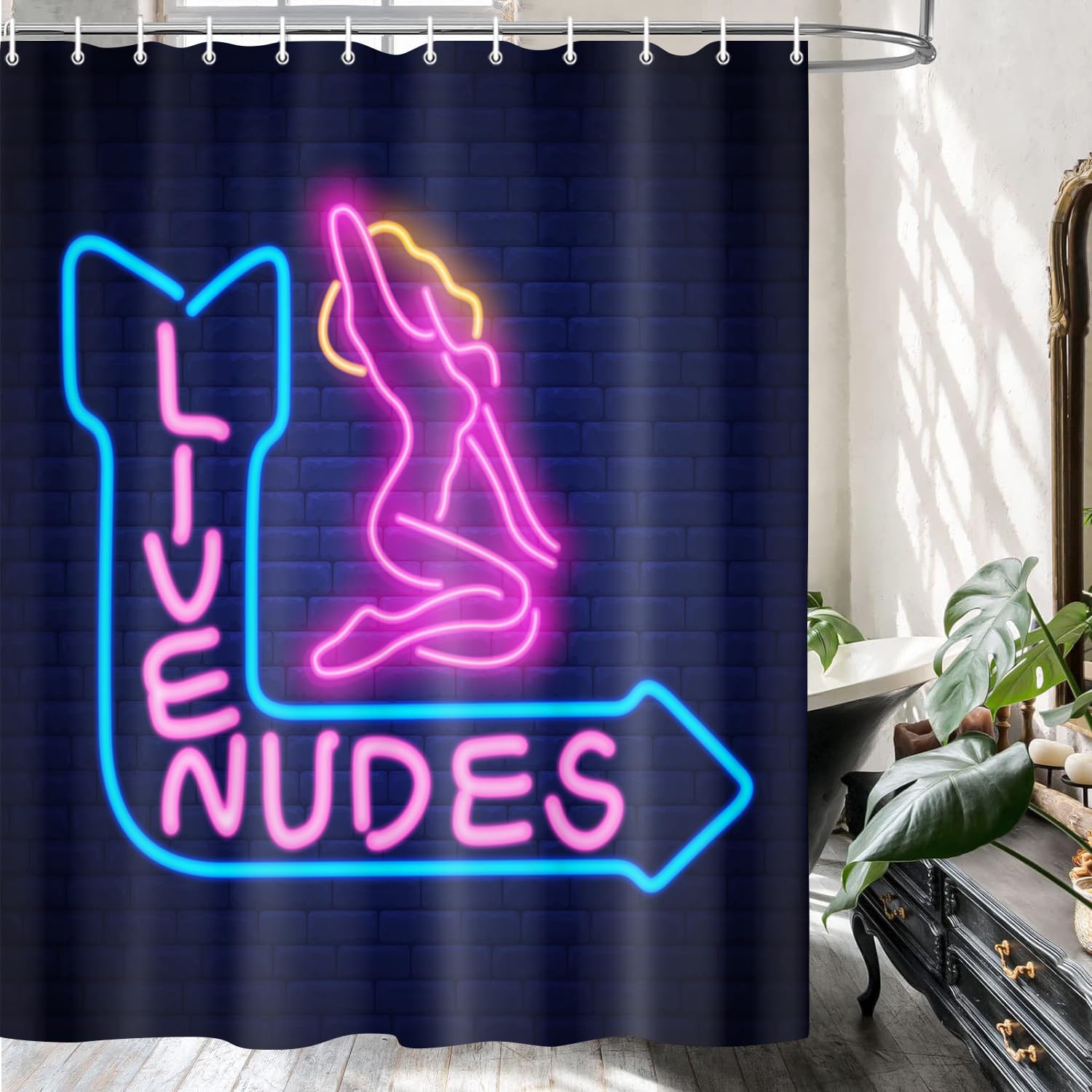JAWO Funny Live Nudes Shower Curtain - Blue & Purple Bathroom Decor with Neon Sign & Sexy Girl Design - 69x70 Inch Fabric Shower Curtain Set with Hooks - Perfect for Unique Bathroom, Party, or Bachelor Pad Decor
