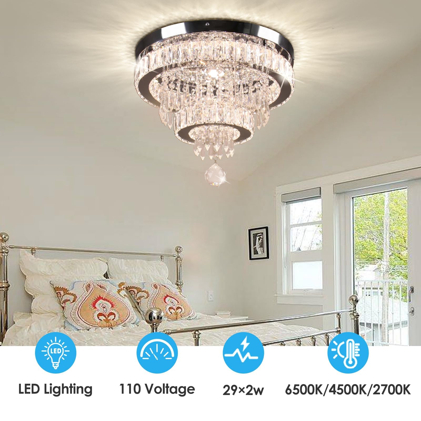 Modern Crystal Chandelier Flush Mount Ceiling Light - 16 Inch Dimmable LED Lighting Fixture with Remote Control for Bedroom, Dining Room, Living Room - Elegant Home Decor & Wedding Venue Lighting