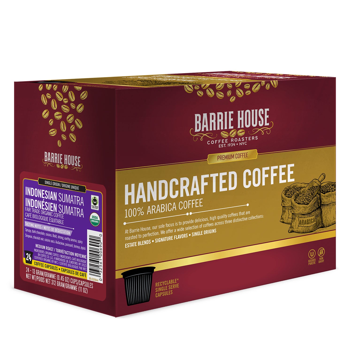 Barrie House Fair Trade Organic Indonesian Sumatra Single Serve Coffee Pods - 24 Pack for Keurig Brewers | Perfect for Home & Office Use