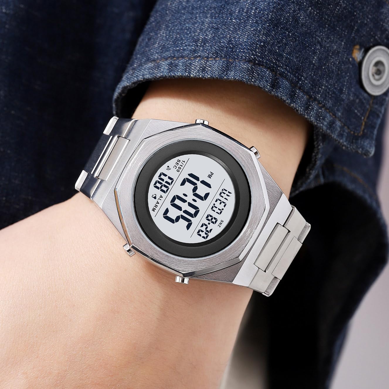 Men's Stainless Steel Digital Wrist Watch - Hexagon Designer Waterproof Watch with Alarm, Date & LED Backlight | Perfect for Business, Casual Wear & Outdoor Activities