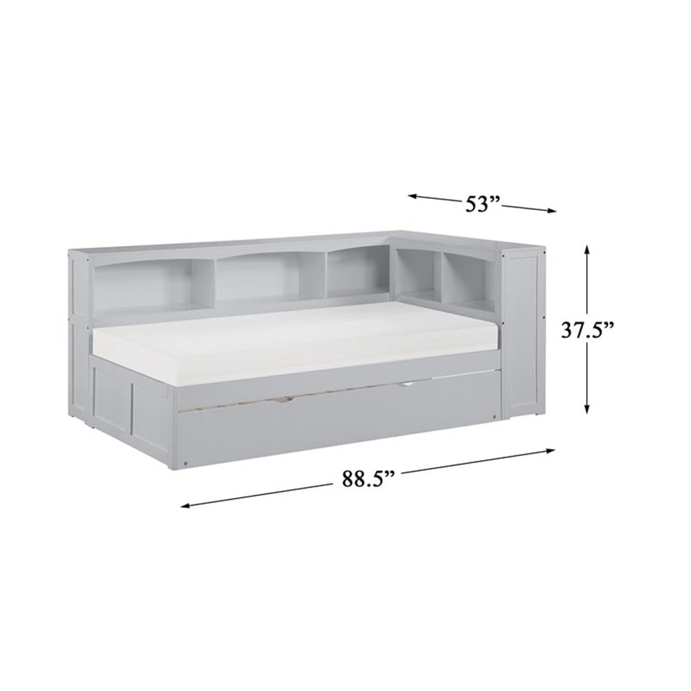 Lexicon Orion 5-Shelf Wooden Twin Bookcase Corner Bed with Trundle - Gray Space-Saving Kids Bedroom Furniture for Small Rooms & Dorm Organization