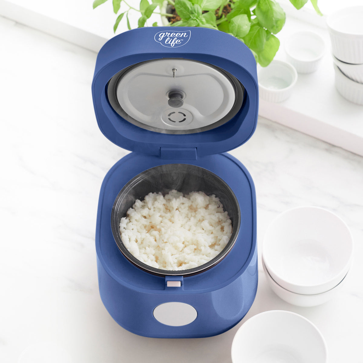GreenLife 4-Cup Nonstick Rice Cooker & Grain Steamer | Perfect for White Rice, Quinoa & Oatmeal | Compact Kitchen Appliance for Small Spaces & Dorm Rooms | BPA-Free Ceramic Coating in Blue