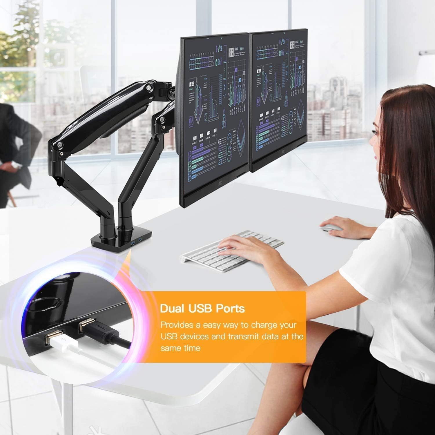 HUANUO Dual Monitor Arm Stand for 13-40 Inch Screens - Adjustable Height Gas Spring Monitor Mount for 2 Computer Displays (Up to 26.4 lbs Each) - Clamp/Grommet Base - Perfect for Home Office, Gaming Setup & Workstation Ergonomics