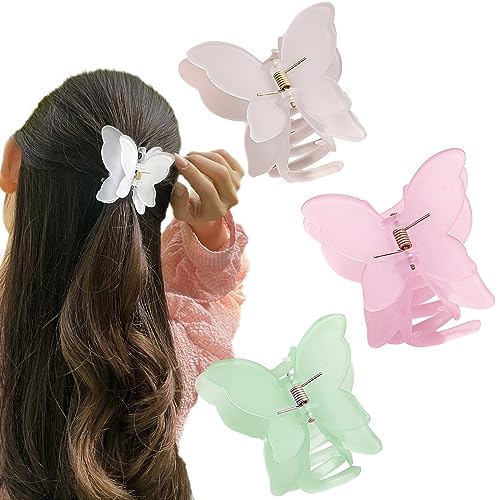 BellaStella Korean Style Double Butterfly Hair Clips - Strong Hold Hair Claws for Thin, Thick & Curly Hair - 3 Pack Transparent Matte Hair Accessories for Women & Girls - Perfect for School, Work & Everyday Styling