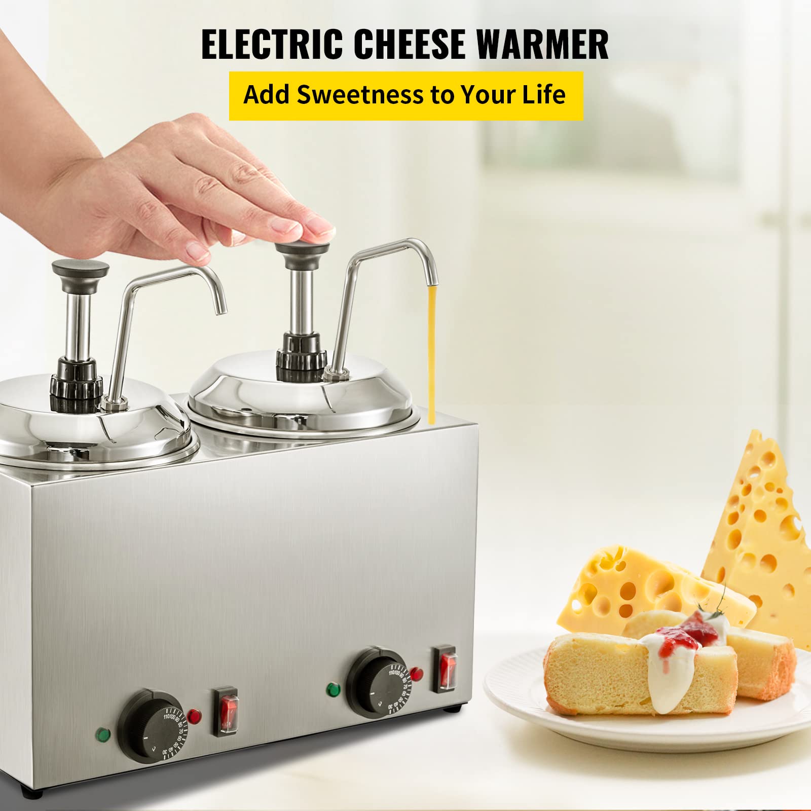 VBENLEM 5.28 Qt Commercial Cheese Dispenser with Pump - 1300W Hot Cheese Warmer & Fudge Warmer with Temperature Control - Perfect for Restaurants, Cafes, and Catering Services - Ideal for Melting Cheese, Chocolate, Caramel, and Fondue