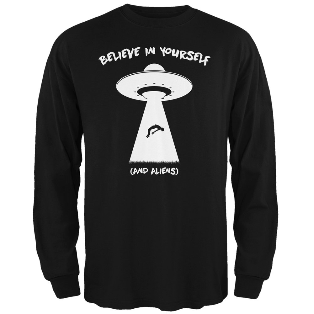 Old Glory Believe in Yourself (and Aliens) Black Long Sleeve T-Shirt for Men - Small Size | Patriotic Graphic Tee for Casual Wear, UFO Enthusiasts & American Pride