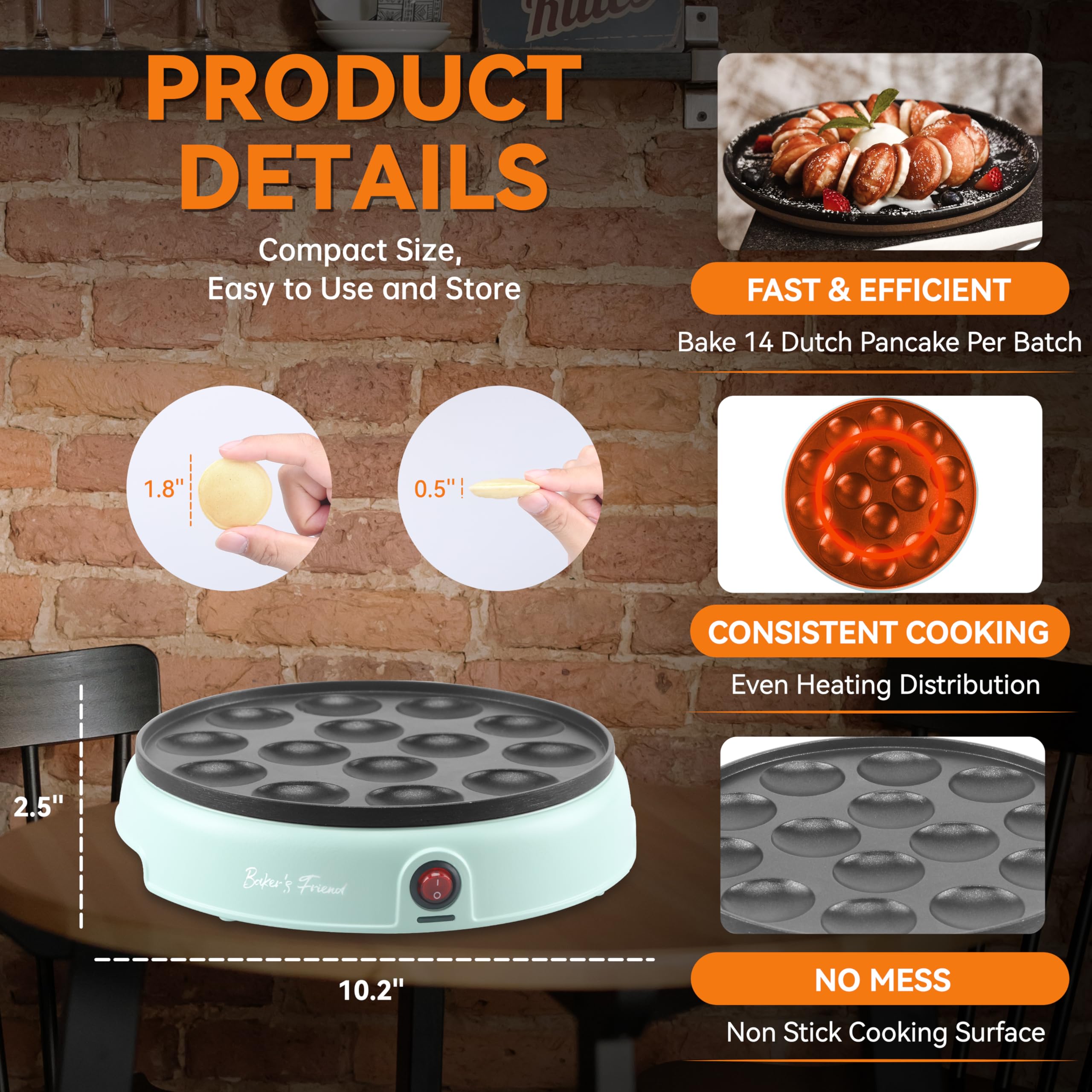 Baker's Friend Mini Pancakes Maker Machine - 14-Hole Electric Poffertjes Pan & Dutch Mini Pancake Griddle | Perfect for Breakfast, Snacks, Desserts | Quick & Easy Homemade Pancakes | Aquamarine Blue | Ideal for Family Breakfast, Kids' Parties & Holiday Brunches