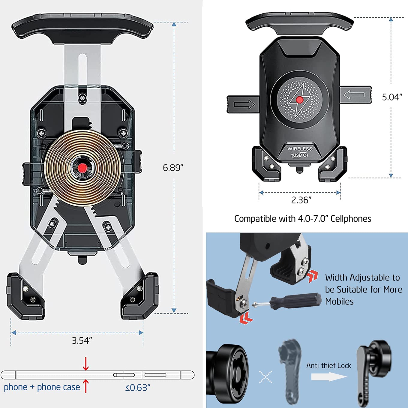 Anti-Theft Motorcycle Phone Mount with Wireless Charger - 15W Fast Charging, USB-C 5V 3A, 360° Rotation, Waterproof Handlebar Stem Holder for 4.0-7.0 Inch Phones (Fits 1