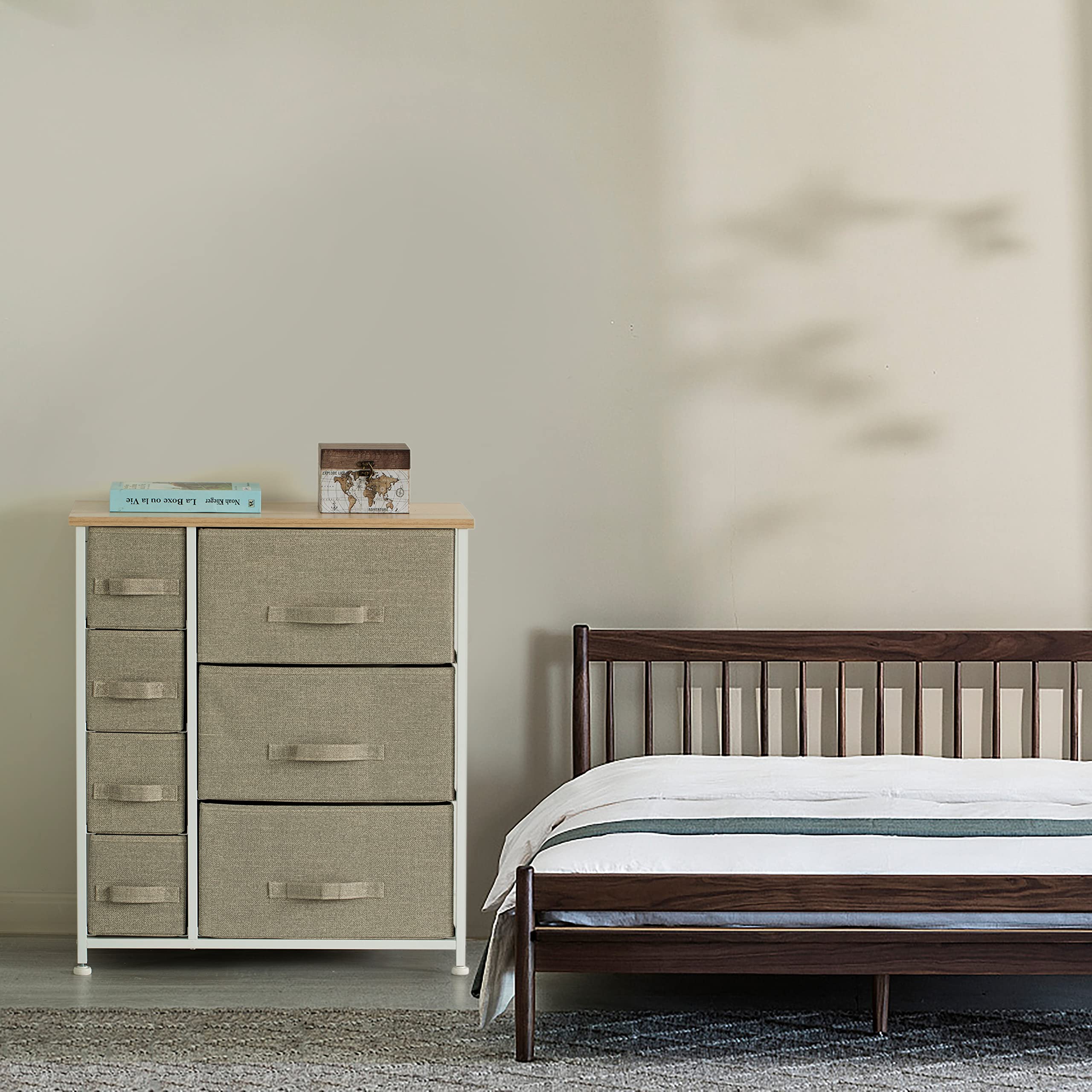 Sand Beige & White Storage Bins with Frame - 7-Piece Nightstand Organizer Set (2 Sizes) - Perfect for Bedroom Closet Organization & Underbed Storage Solutions