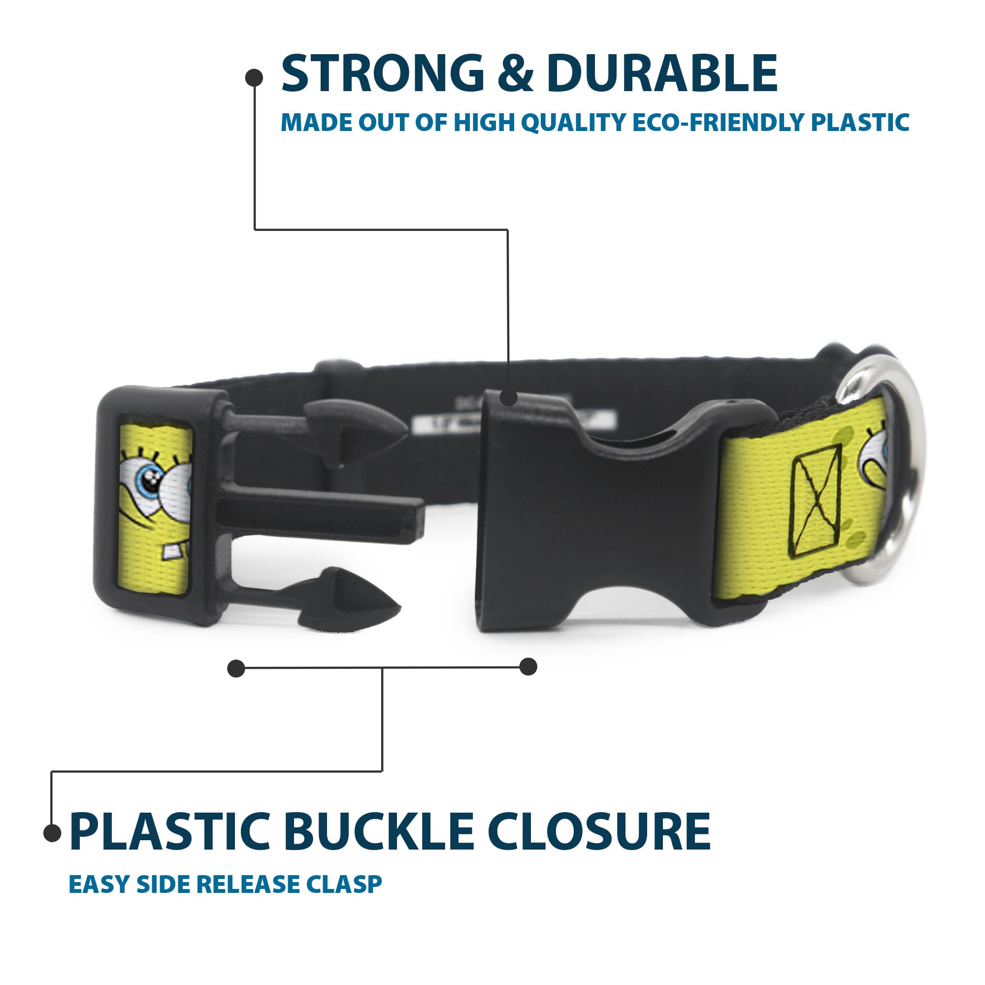 Buckle-Down Spongebob Expressions Dog Collar - 1.0 Inch Wide Adjustable (11-17 Inches) - Durable Plastic Clip for Small to Medium Dogs - Perfect for Daily Walks, Training & Cosplay