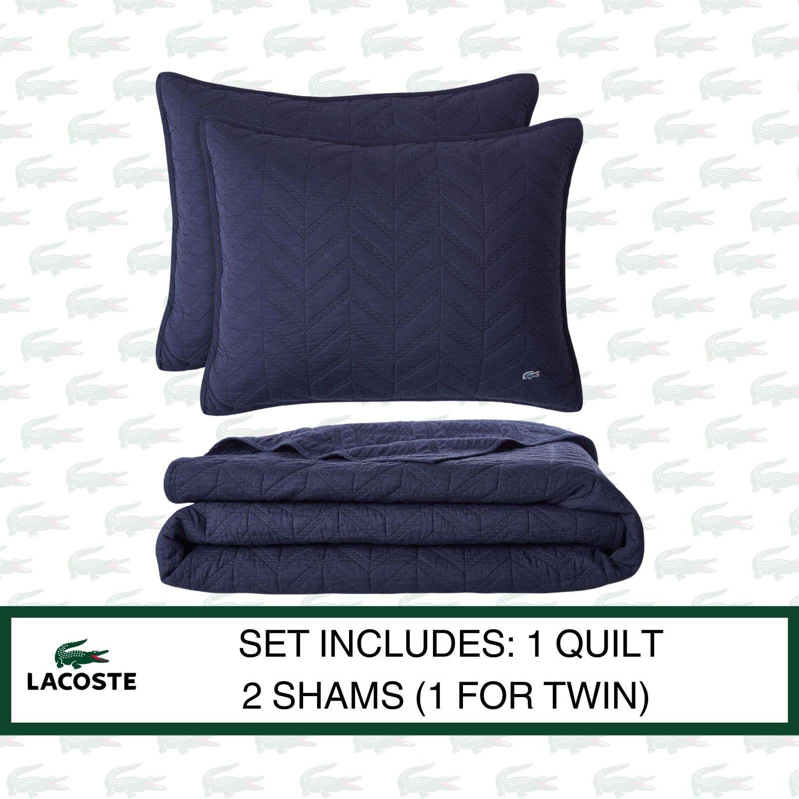 Lacoste Herringbone Stitch 3-Piece Quilt Set - Full/Queen Size, Indigo Blue Cotton Bedding for Cozy Bedroom Decor | Perfect for Guest Rooms & Master Bedrooms