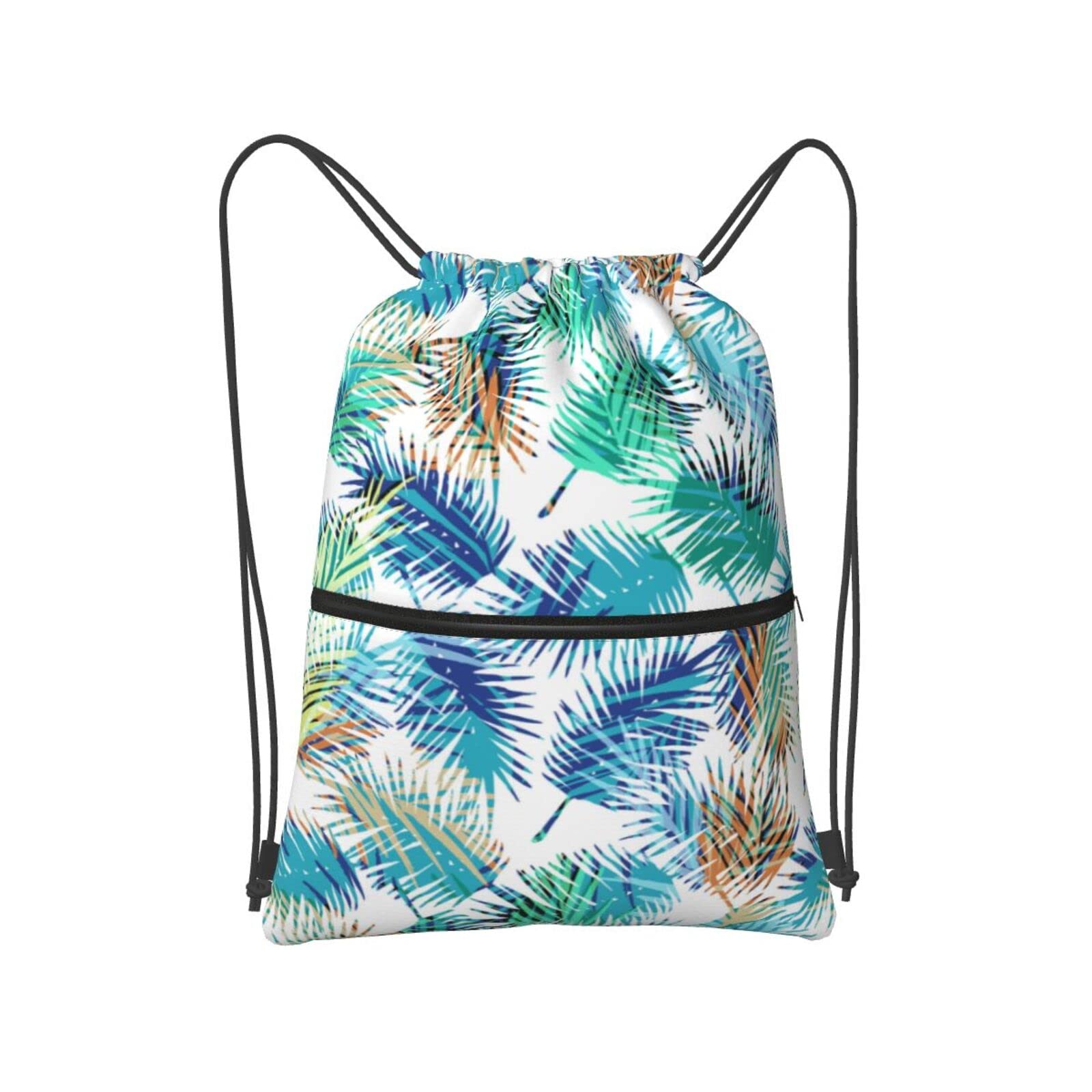 Water Resistant Nylon Drawstring Backpack with Front Zipper Pocket - Tropical Plants Print Gym Sports Bag for Women, Men, Boys & Girls - Perfect for Workouts, Travel, School & Outdoor Activities