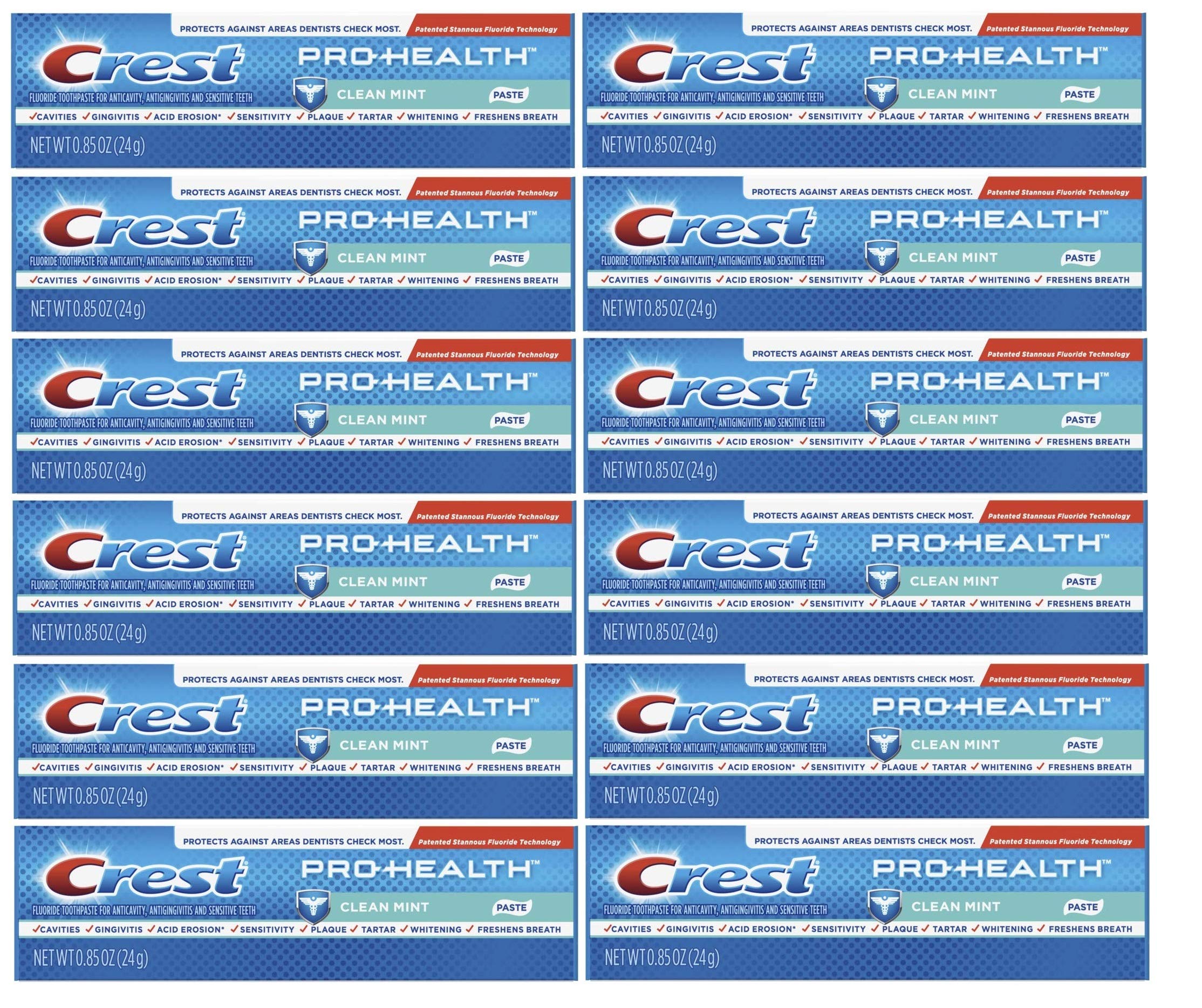 Crest Pro-Health Toothpaste - Clean Mint Flavor, Travel Size 0.85oz (Pack of 12) | TSA Approved for Air Travel | Fresh Breath & Cavity Protection | Perfect for Home, Office & Vacation Use