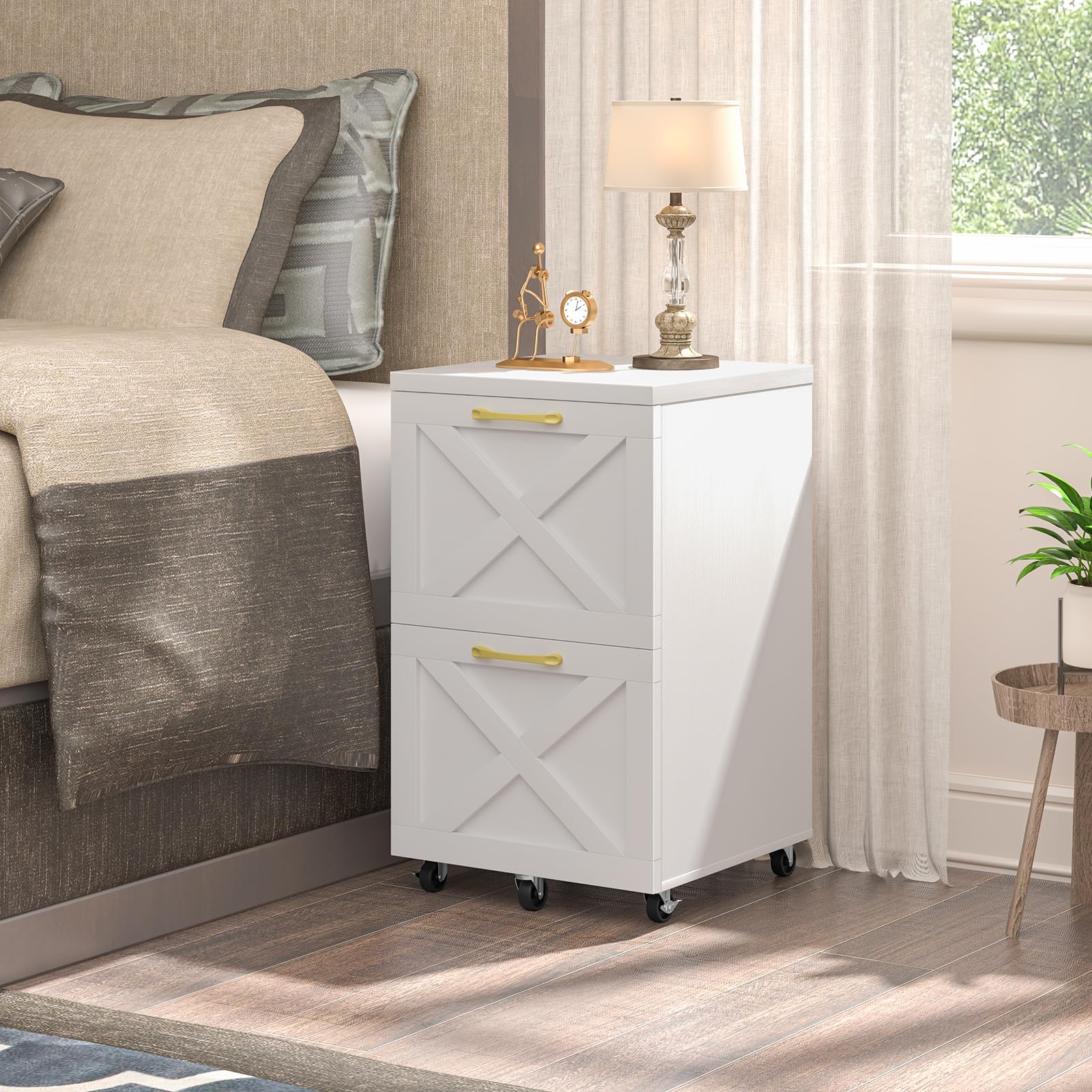 2 Drawer Small File Cabinet with Wheels - Farmhouse Vertical Filing Cabinet for A4 & Letter Size - Under Desk Rolling File Organizer for Home Office - Wooden Printer Stand (White) - Perfect for Organizing Documents & Saving Space in Small Offices