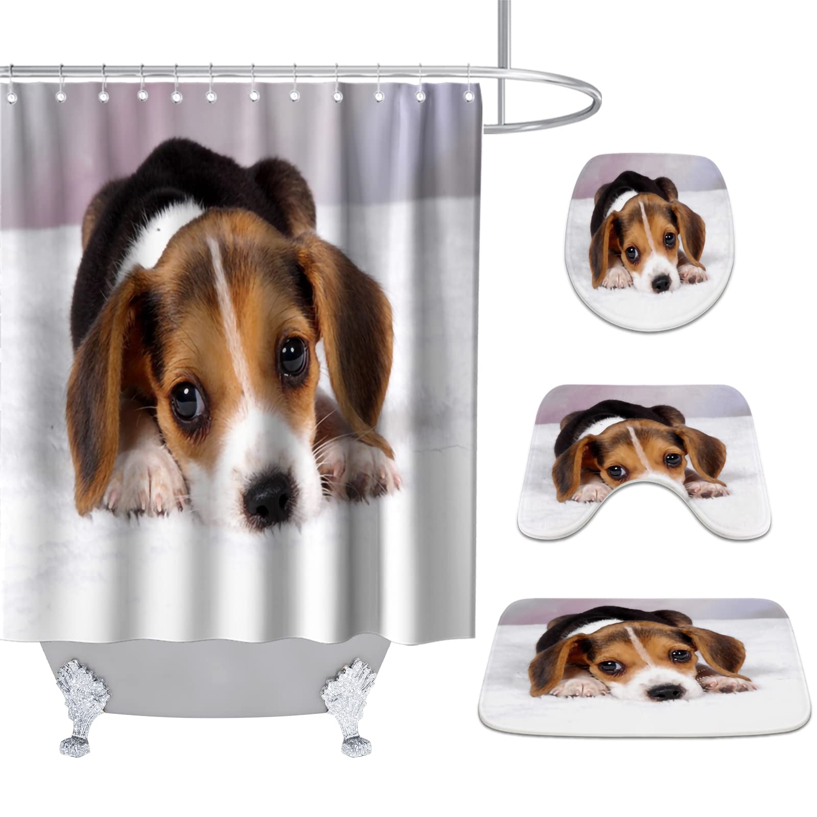 Beagle Puppy Pet Shower Curtain Set with Non-Slip Memory Foam Bath Mat, U-Shaped Toilet Lid Cover & Hooks - Cute Dog-Themed Bathroom Decor for Pet Lovers