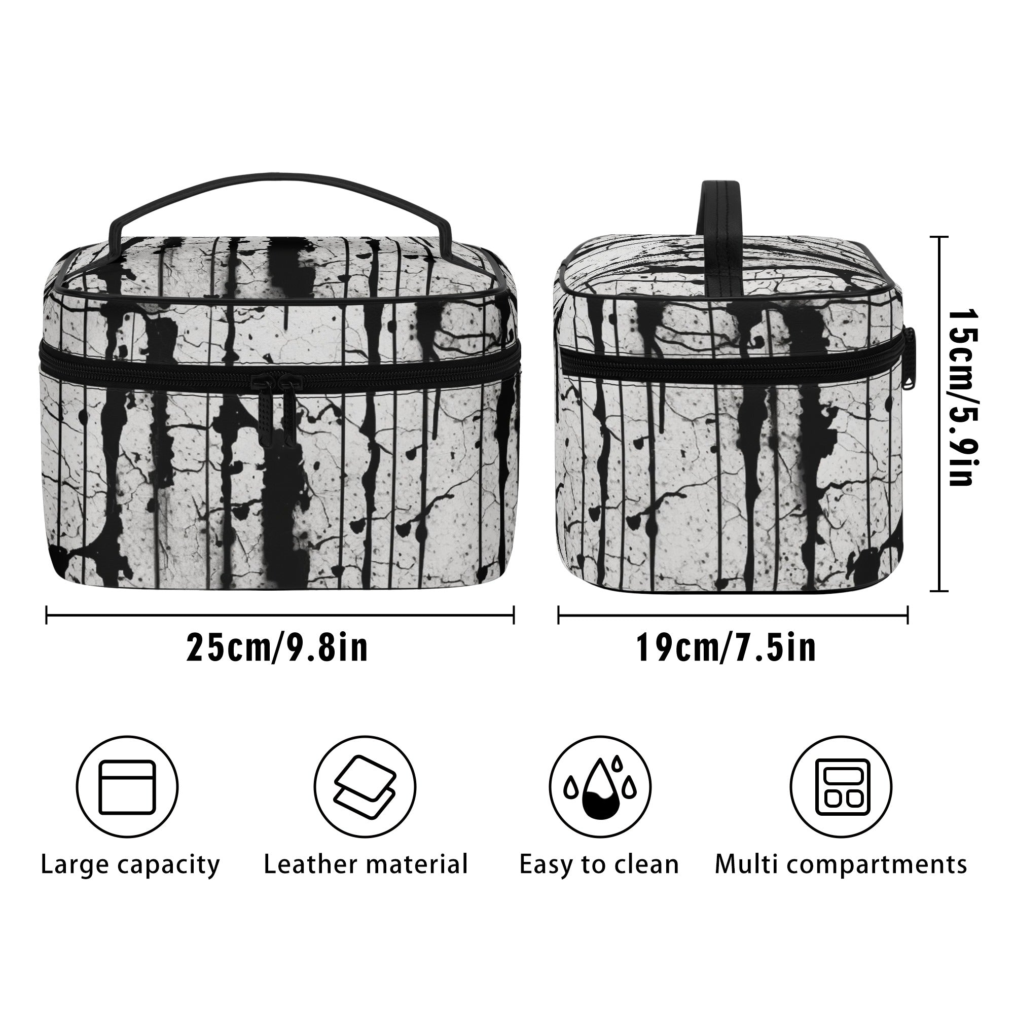 Waterproof Black Leather Cosmetic Bag for Women - Travel Makeup Organizer with Zipper Closure, Perfect for Gym, Office & Vacation Essentials Storage