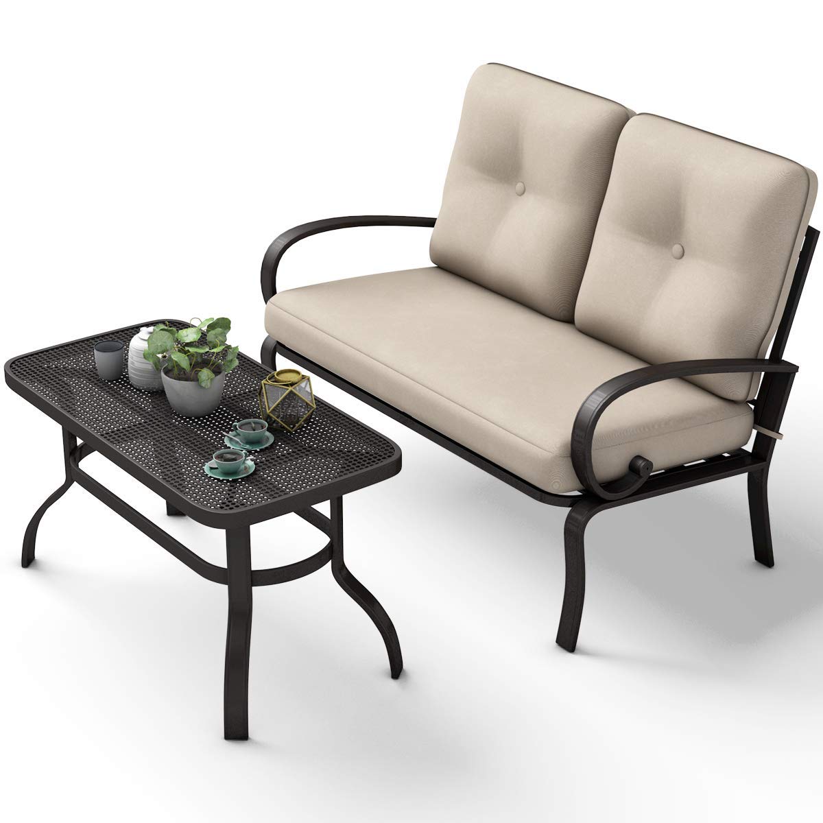 2-Piece Outdoor Patio Loveseat Set with Coffee Table & Cushions - Durable Metal Frame Bench Sofa for Garden, Poolside or Backyard Relaxation | Perfect for Lounging, Entertaining & Outdoor Gatherings