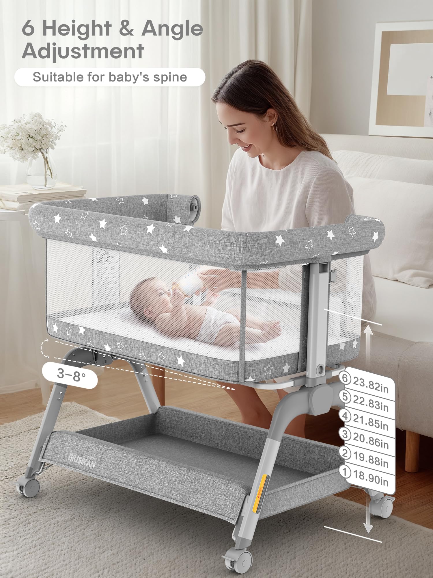 Portable Adjustable Height Baby Bassinet Bedside Sleeper with Mattress & Wheels - All Mesh Breathable Crib for Newborns - Perfect for Co-Sleeping, Nursery, Bedroom & Travel