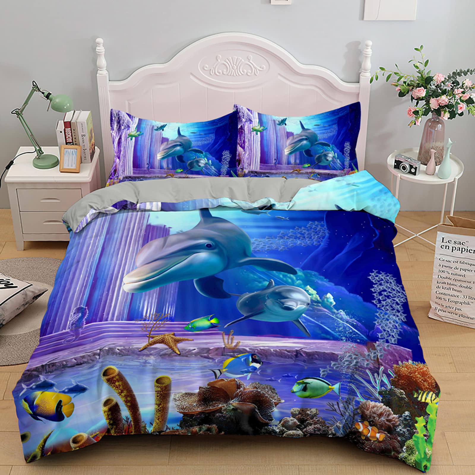 Premium Queen Size Blue Ocean Duvet Cover Set - 3 Piece Soft Brushed Microfiber (110g/㎡) with Zipper Closure | Includes 2 Pillow Shams (20