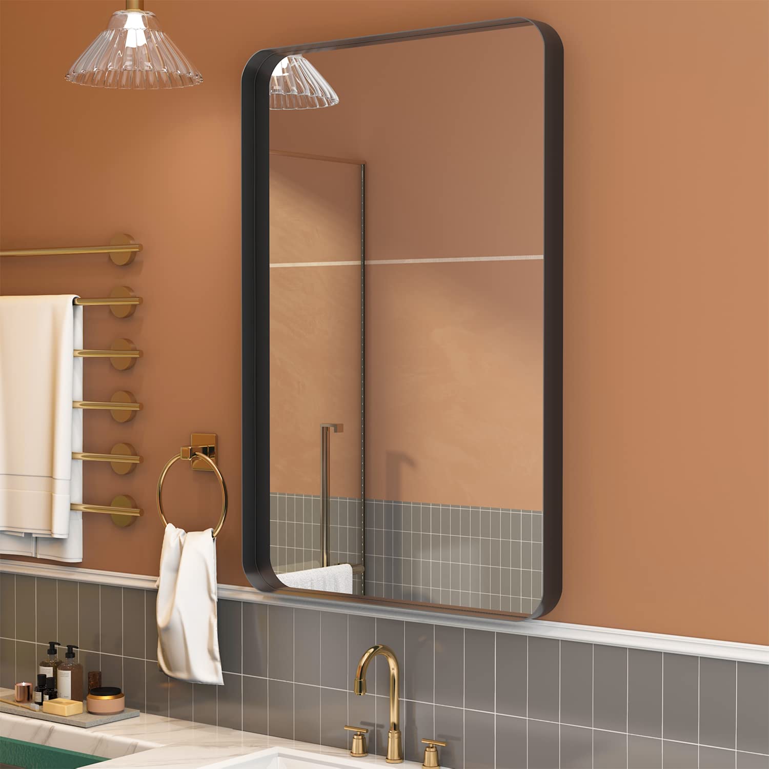 24 x 36 Inch Black Rectangular Bathroom Mirror with Rounded Corners - Farmhouse Vanity Mirror for Wall Mounting (Horizontal/Vertical) - Perfect for Bathroom, Entryway, Bedroom & Home Decor