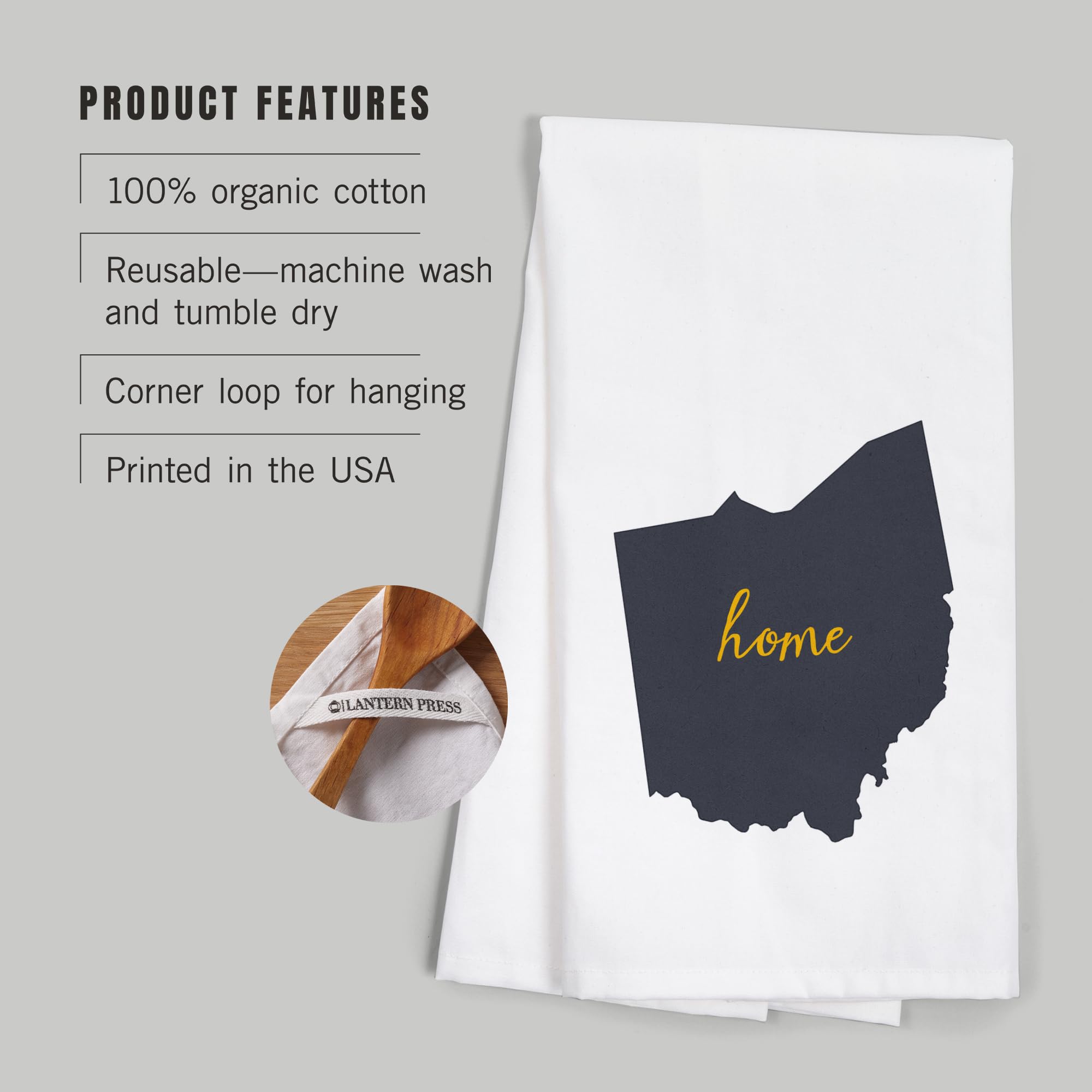 Lantern Press Ohio Home State Gray on White 100% Cotton Tea Towel - Decorative Hand Towel for Kitchen, Bathroom & Home Decor - Perfect for Gifts, Housewarming & Farmhouse Style