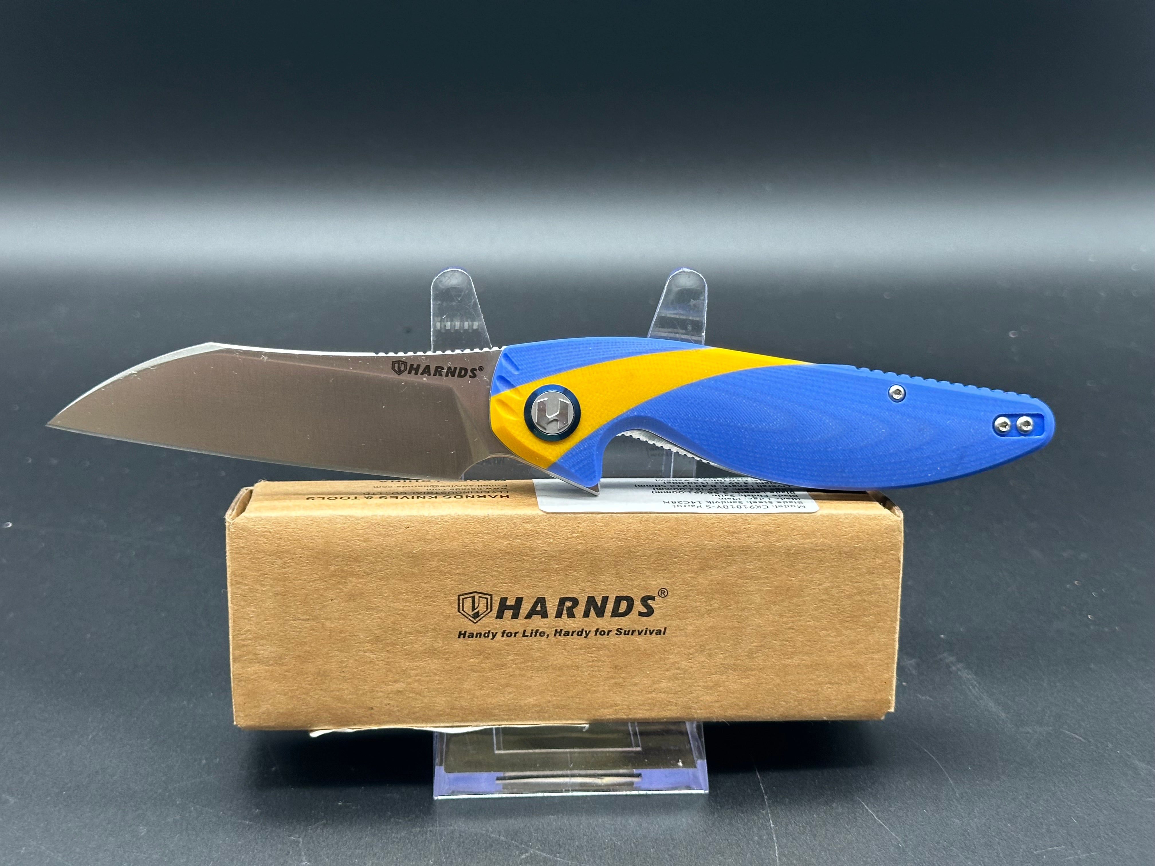 HARNDS Parrot Folding Pocket Knife - Blue/Yellow G10 Handle, EDC Camping, Hiking & Outdoor Survival Tool