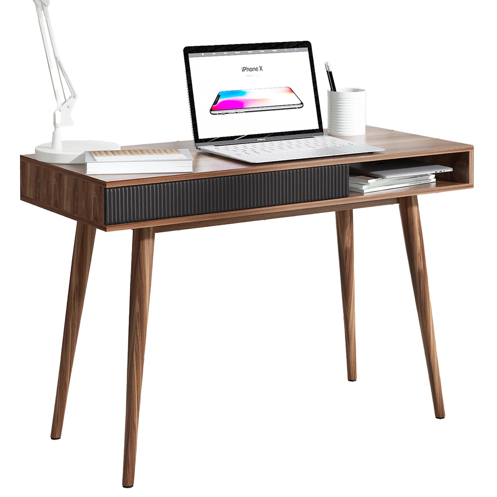 Mid Century Modern Writing Desk with Drawer - Walnut Home Office Desk, Simple & Stylish Workspace Solution for Small Spaces & Home Offices