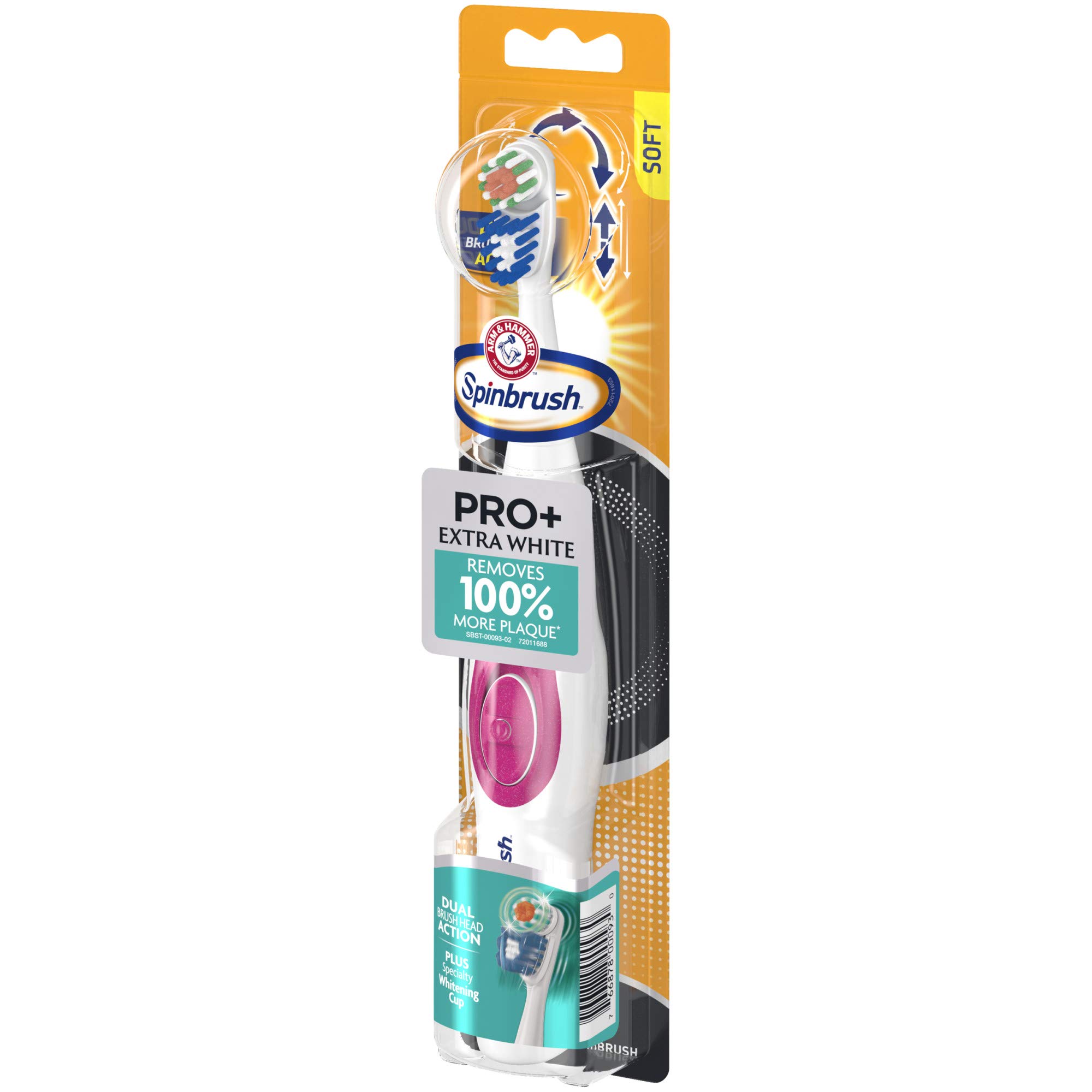 Spinbrush PRO+ Extra White Battery-Powered Toothbrush - Removes 100% More Plaque with Soft Bristles - Includes Batteries - Perfect for Travel & Daily Oral Care