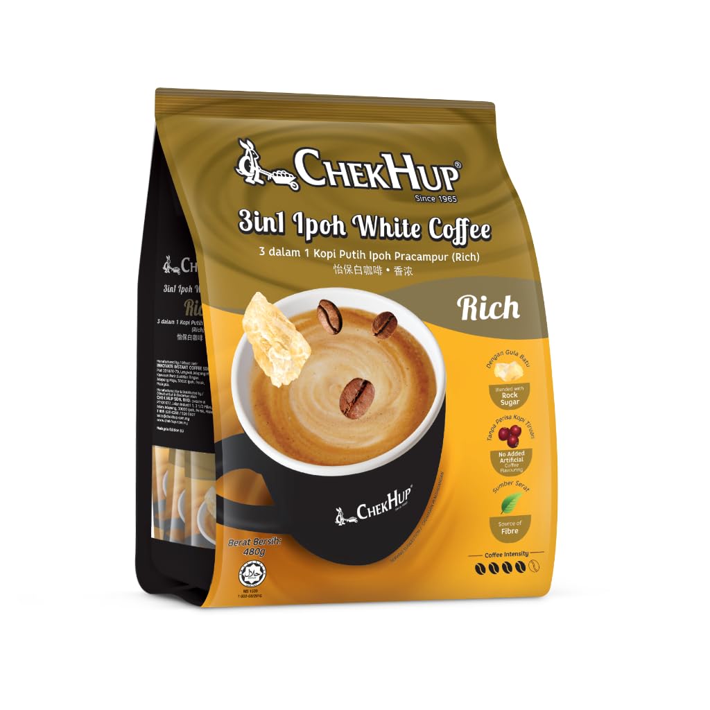 Chek Hup 3-in-1 Ipoh White Coffee King with Rock Sugar - 12 Sachets (10 Pack) - Premium Instant Coffee Blend for Home, Office & Travel