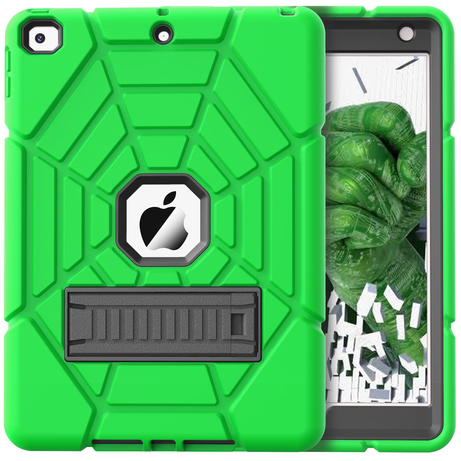 Shockproof Rugged Protective Case for iPad 6th/5th Generation (2018/2017) & iPad Air 2 (2014) 9.7 Inch - Heavy Duty Stand Cover for Kids & Boys (Green) - Perfect for School, Travel, and Outdoor Adventures