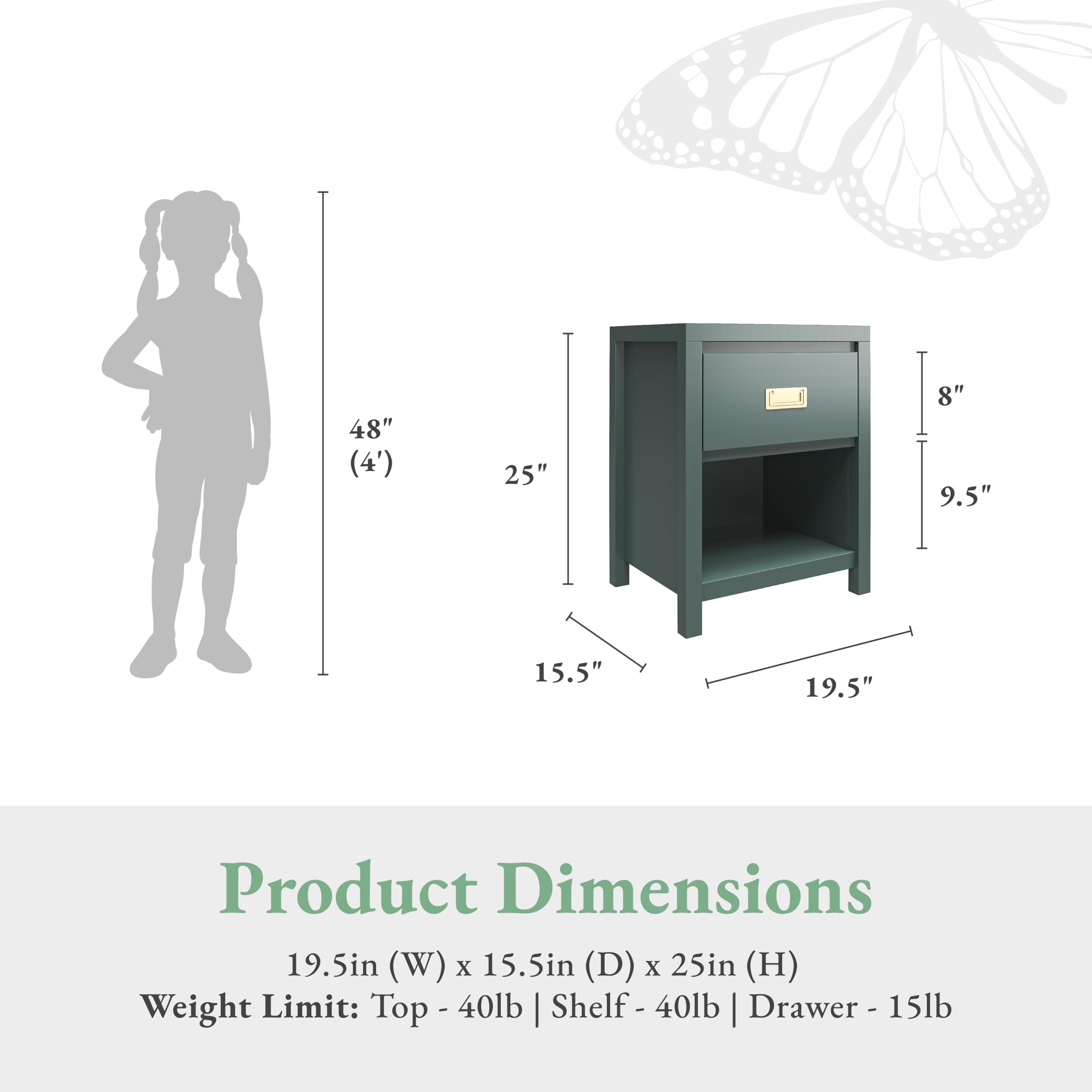 Little Seeds Monarch Hill Haven Kids' 1 Drawer Nightstand, Hunter Green - Perfect for Bedroom Storage & Organization, Nursery Furniture, Kids Room Decor