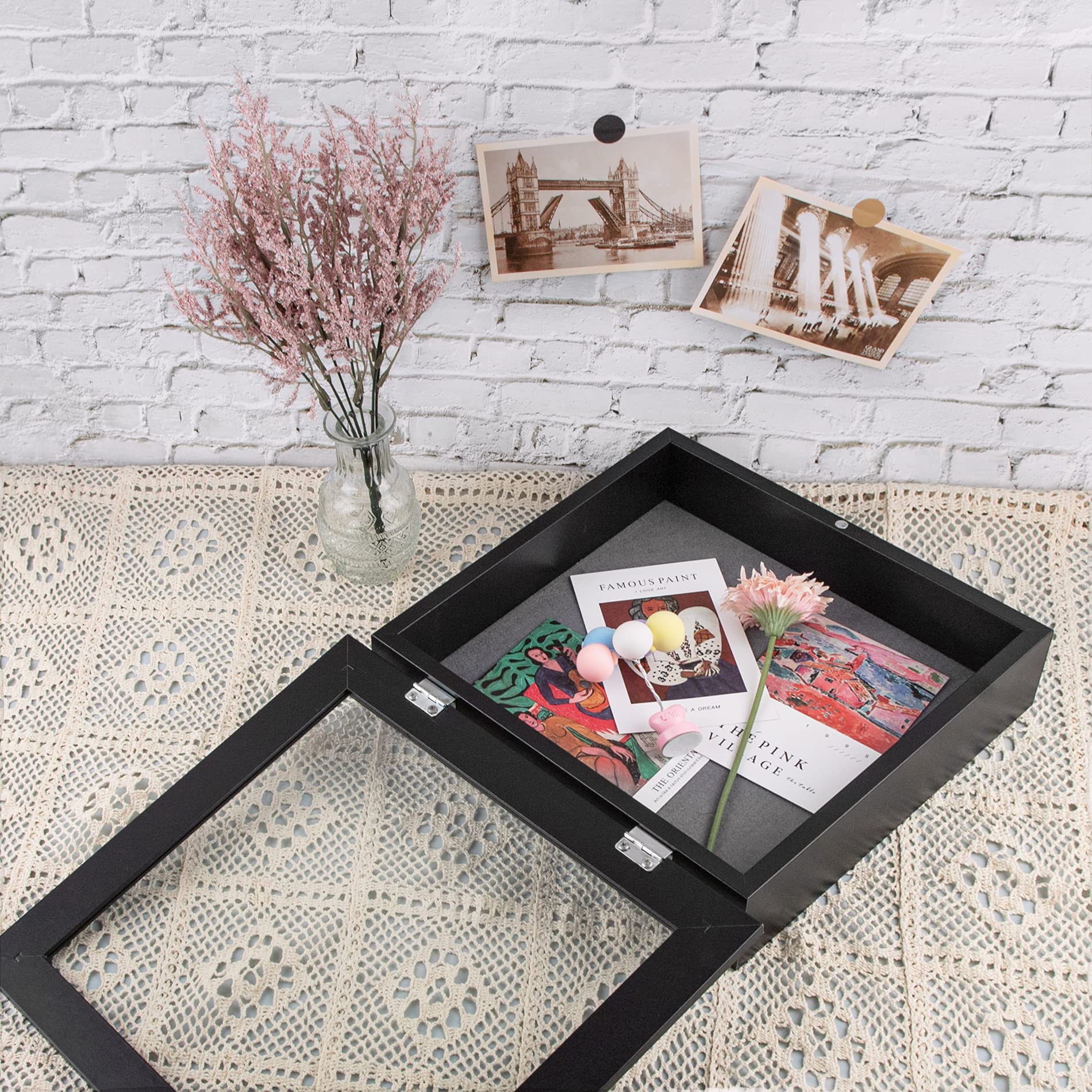 Frametory 11x11 Shadow Box Frame - Front Opening Display Case with 2 Inch Depth for Wall & Tabletop - Memory Keepsake Box with 6 Pins Included (Black) - Perfect for Wedding Memorabilia, Baby Firsts & Home Decor