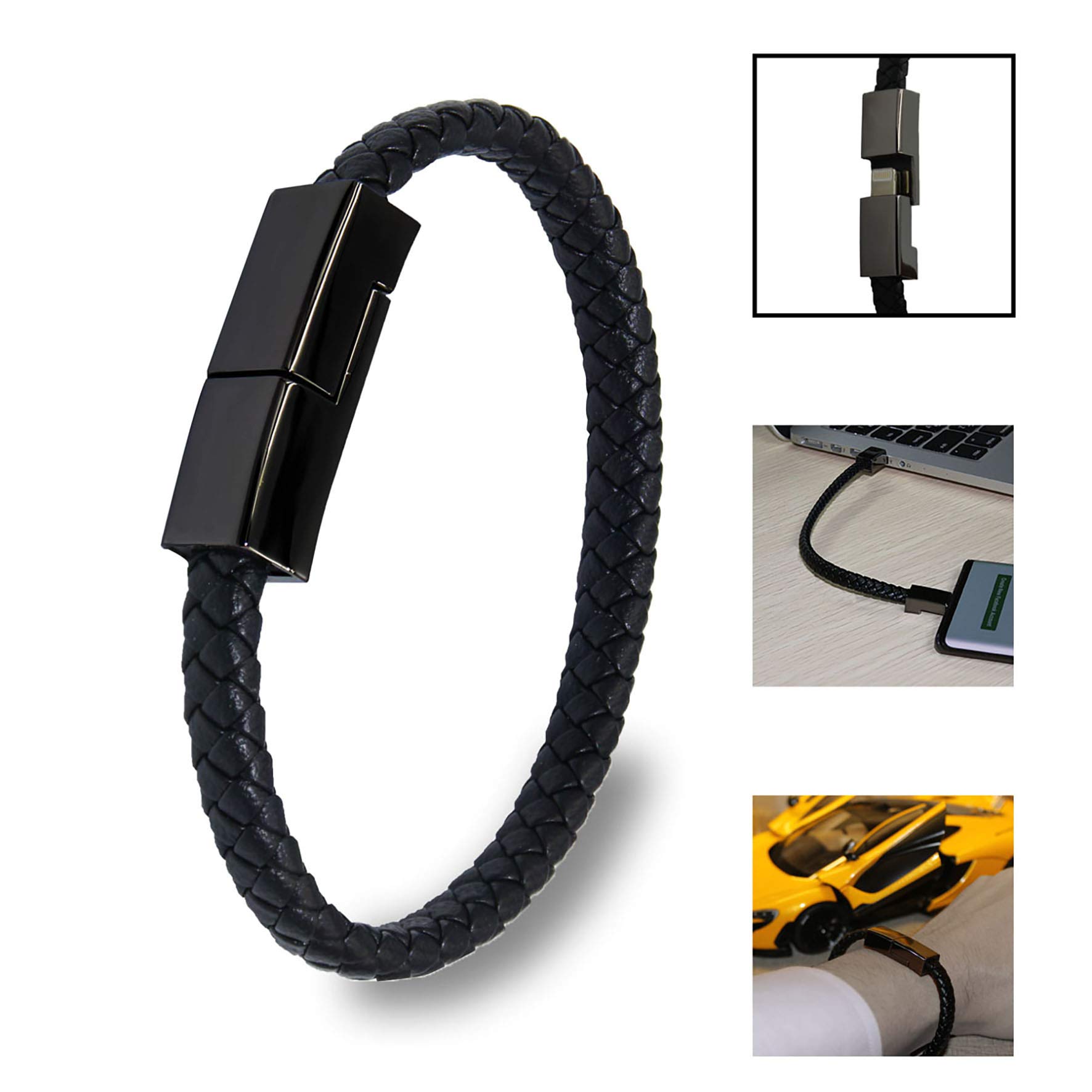 Braided Leather Bracelet USB Charging Cable - Portable Travel Charger for iPhone 14/13/12/11 Pro/XS MAX - Stylish & Durable Charger for Men & Women - Perfect for Travel, Work & Outdoor Activities