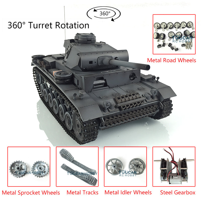 Henglong 1/16 Scale 7.0 Customized Panzer III L RTR RC Tank Model 3848 with 360° Rotating Turret, Metal Tracks, Idler Sprocket & Road Wheels - Perfect for Military Enthusiasts, Collectors and RC Tank Battles