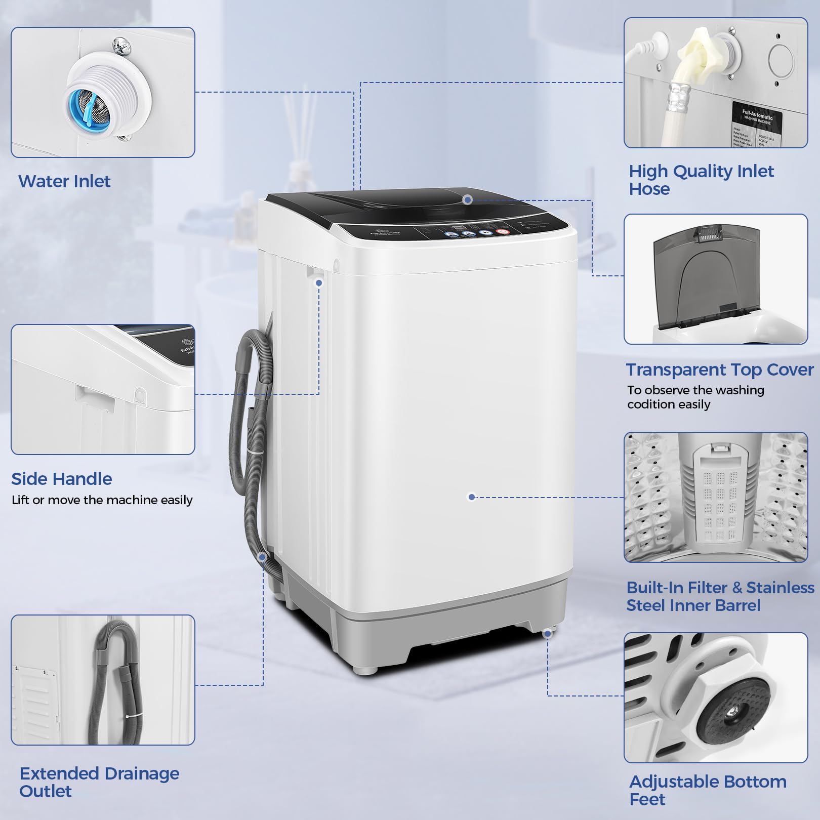 Nictemaw 15.6Lbs Full-Automatic Portable Washer and Dryer Combo with Drain Pump - 2.1Cu.ft Compact Laundry Machine, 10 Wash Programs & 8 Water Levels for Apartments, Dorms, RVs - Perfect for Small Spaces, Travel & Off-Grid Living