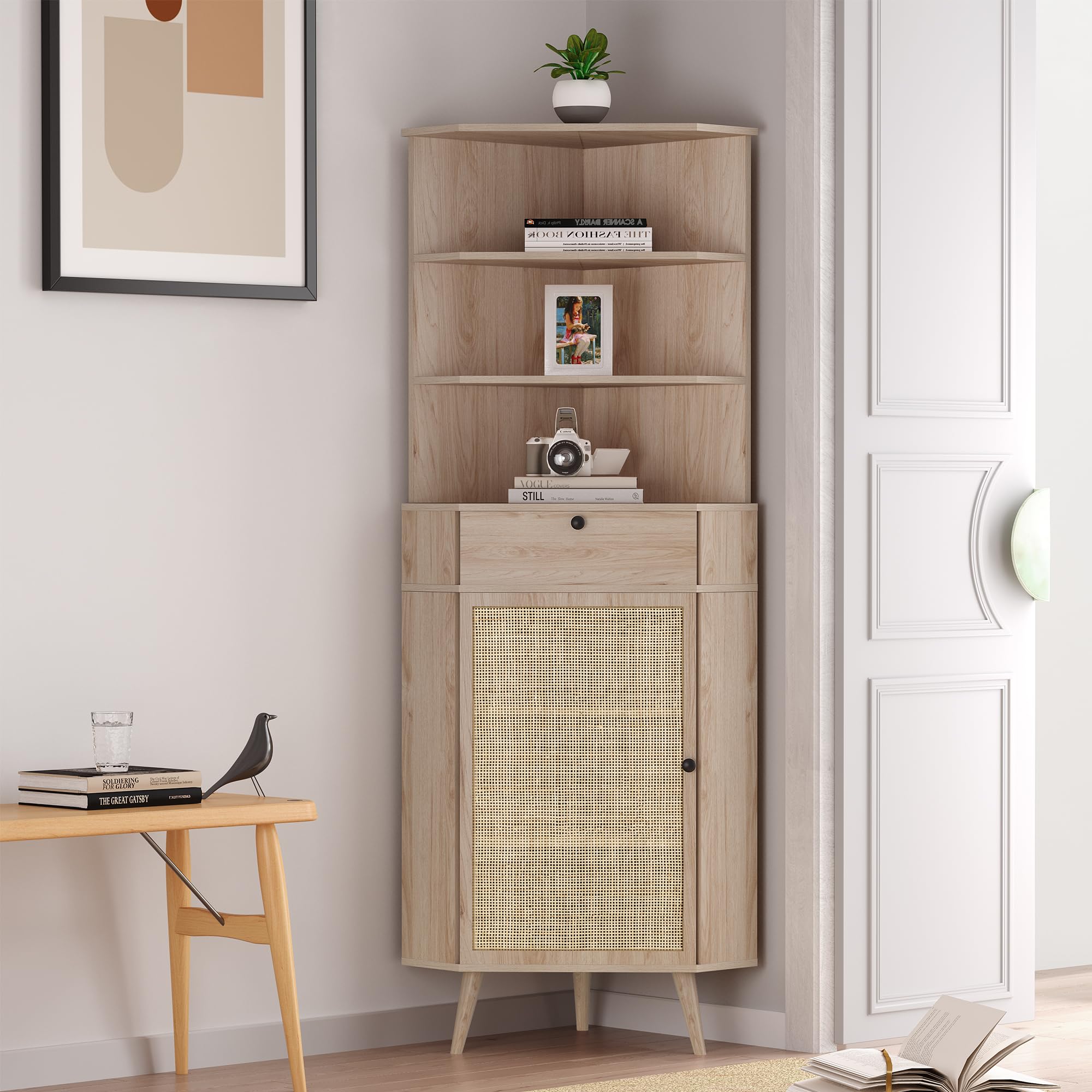 XIAO WEI Handmade Natural Rattan Door Corner Cabinet with Drawer - Free Standing Wooden Storage Shelf for Bathroom, Living Room & Bedroom - Solid Wood Legs Corner Shelf Organizer